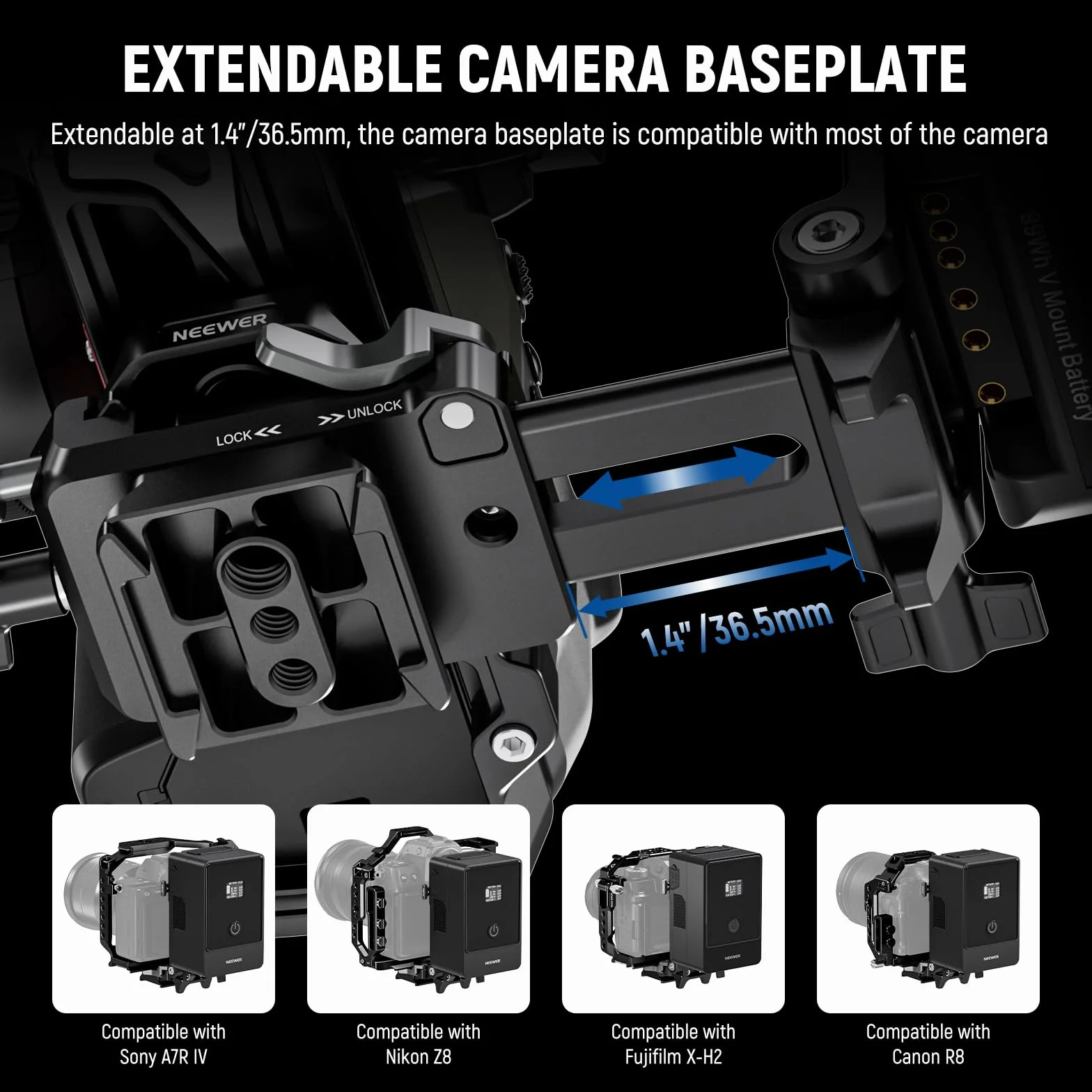 NEEWER Plaque Pliable pour Batterie V Mount et Plaque Base Type Arca Dégagement Rapide, Rig Vidéo Léger pour Caméra DSLR Compatible avec SmallRig Batterie V Mount DJI RS4 RS3 Stabilisateur, PS015 Pro