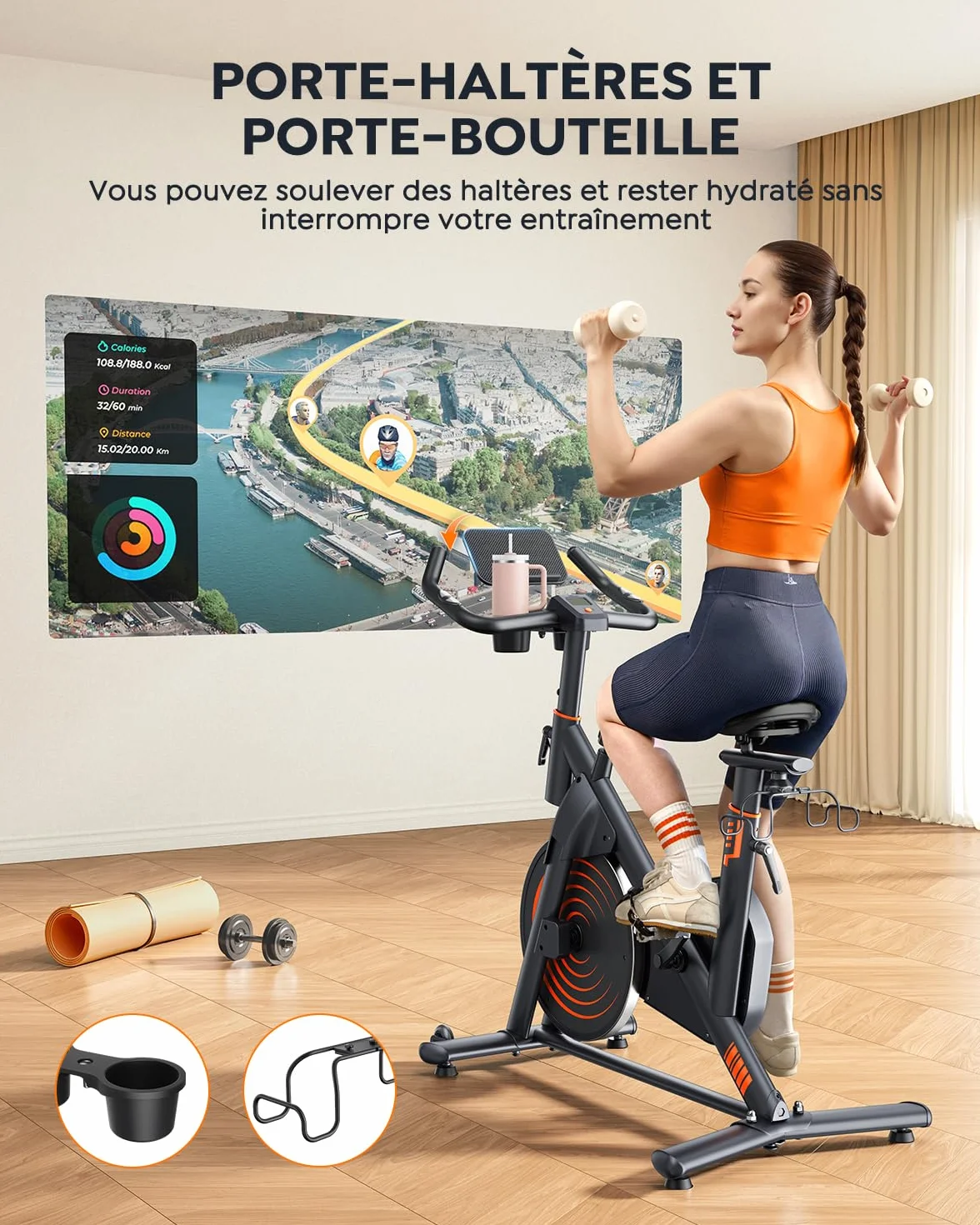 Vélo d'Appartement Connecté APP Ultra-Silencieux, Résistance Magnétique, Volant d'Inertie 15 KG, Capacité 160KG, Écran LCD Fréquence Cardiaque
