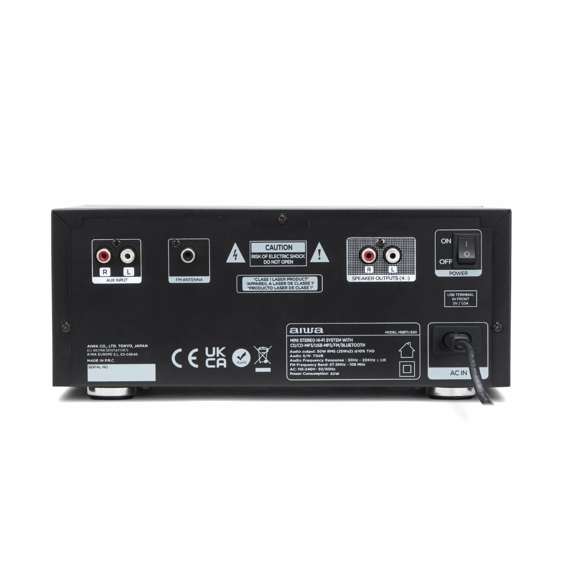 AIWA MSBTU-550 Mini Stereo-HiFi-System, 50 W RMS, mit Bluetooth 5.0, CD/MP3, USB (Wiedergabe und Laden), FM-PLL-Radio, AUX RCA/3,5 mm, Hyperbass, DSP, Schwarz