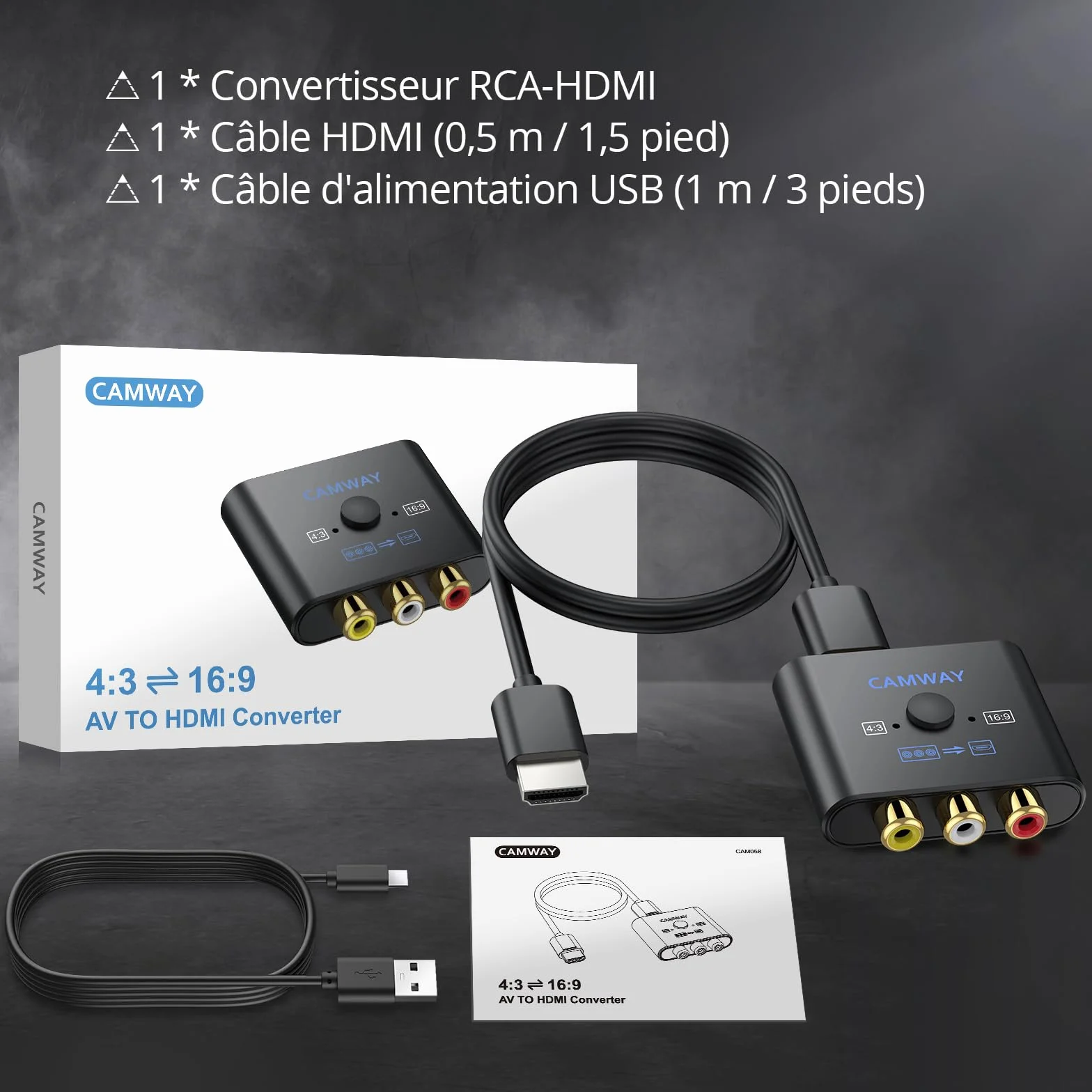 CAMWAY Convertisseur AV vers HDMI avec Câble 50cm Adaptateur RCA vers HDMI 1080P/720P (60Hz) pour PS1/PS2/Wii/N64 Commutateur 4:3/16:9 Exclusif Plug & Play Compatible Téléviseurs/Moniteurs