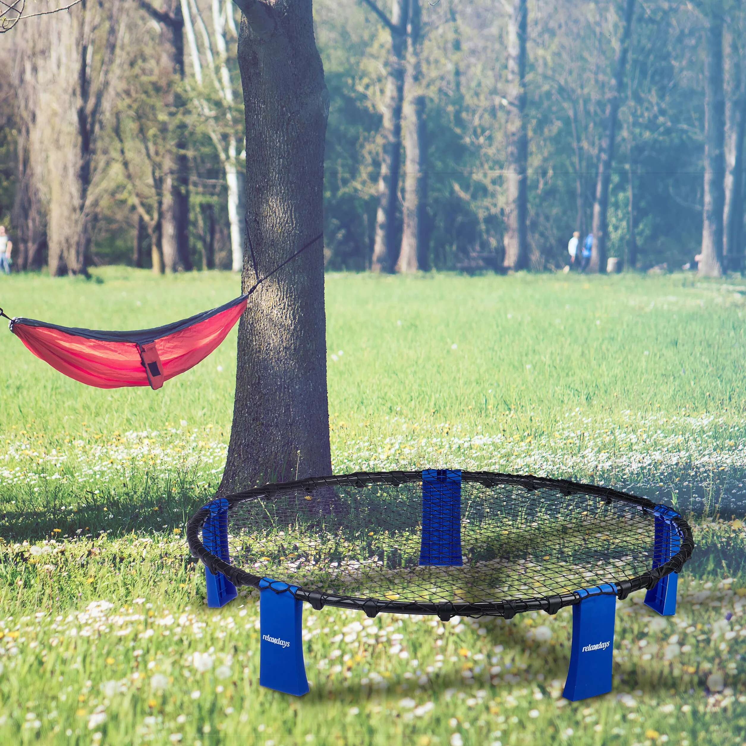Relaxdays Kit de roundnet Complet, 3 Balles, Pompe, Filet, Sac de Rangement, Jeu d'extérieur, Noir/Bleu