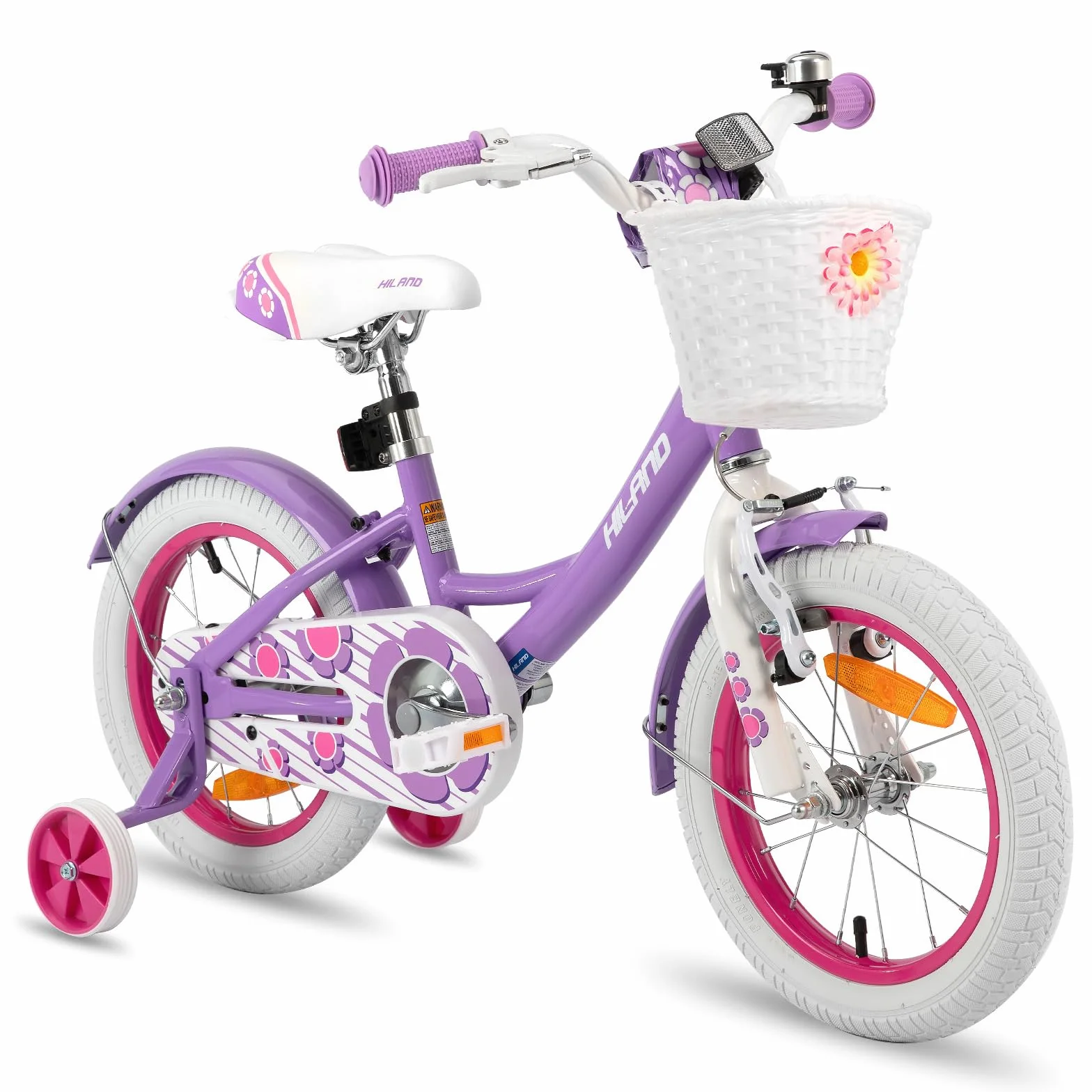 HILAND Vélo Fille 12 14 16 Pouces avec Roues Stabilisatrices et Panier, Frein à Main et Rétropédalage, Rose Violet Blanc