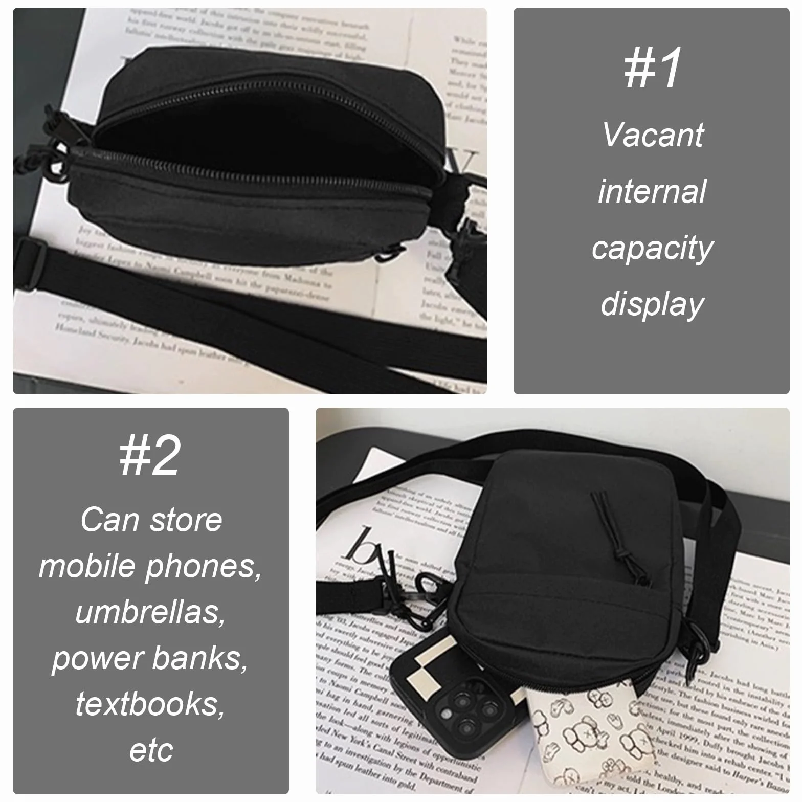Sac Bandoulière Toile Homme Femme Randonnée Voyage Chargeur USB Noir