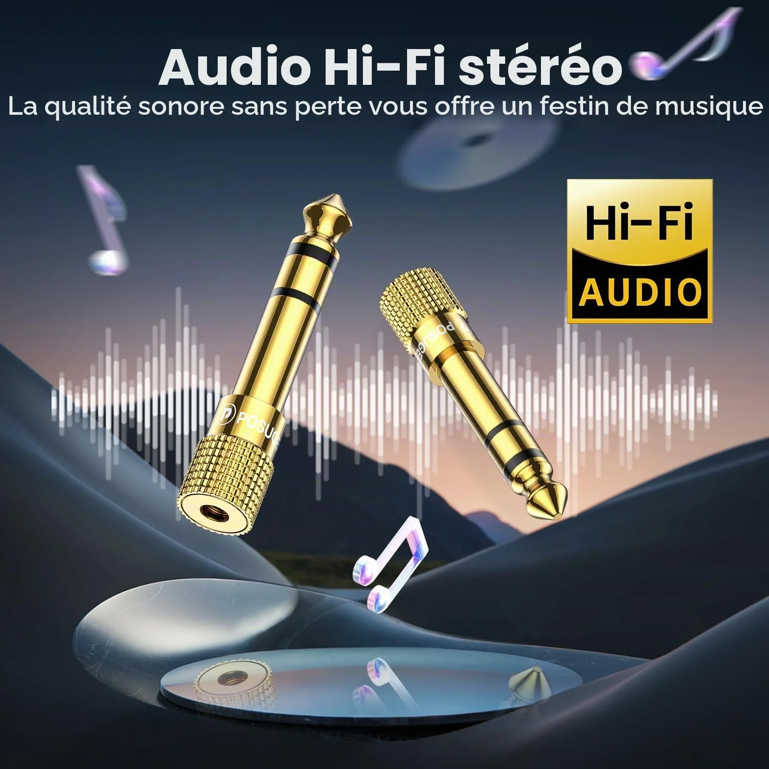 POSUGEAR Adaptateur Jack 6.35 mm Mâle vers 3.5 mm Femelle Audio Connecteur Stéréo Plaqué Or