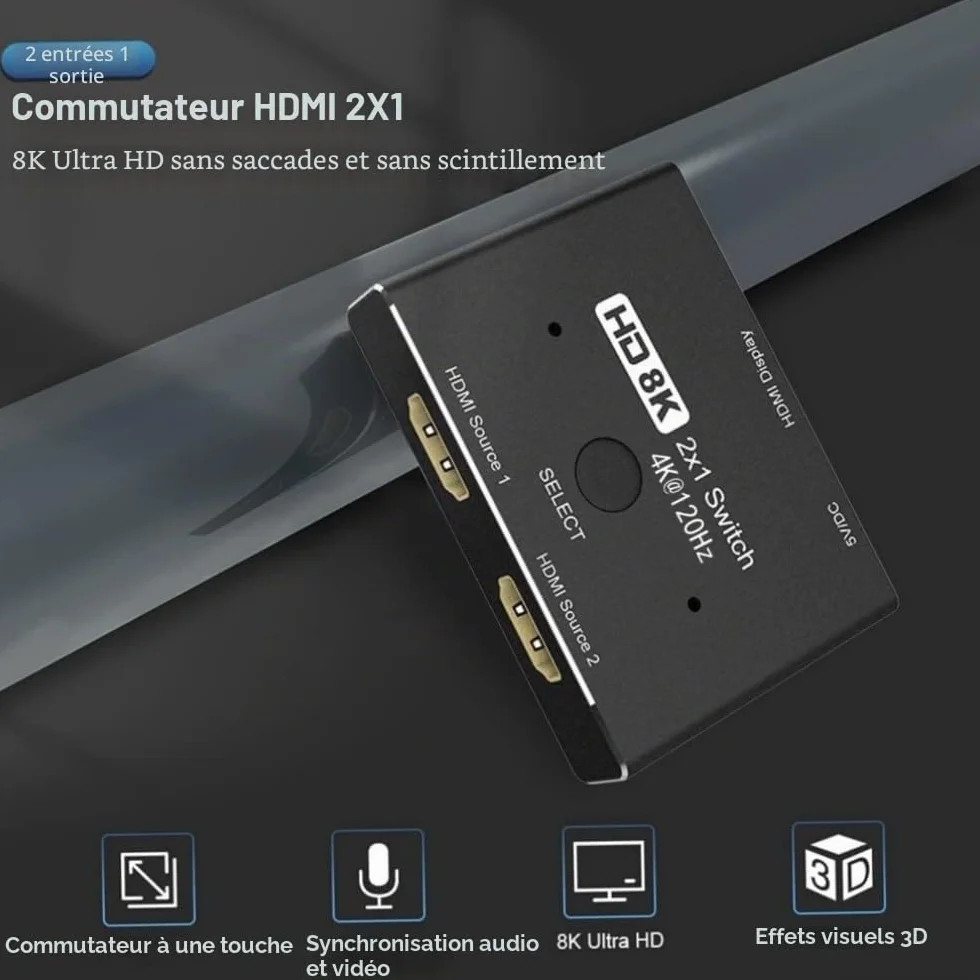Directionnel HDMI 2.1 Switcher Commutateur Ultra HD 8K Haute Vitesse 48Gbps 2in 1out 8K@60Hz 4K@120Hz Convertisseur Séparateur Compatible avec Les Moniteurs PS5
