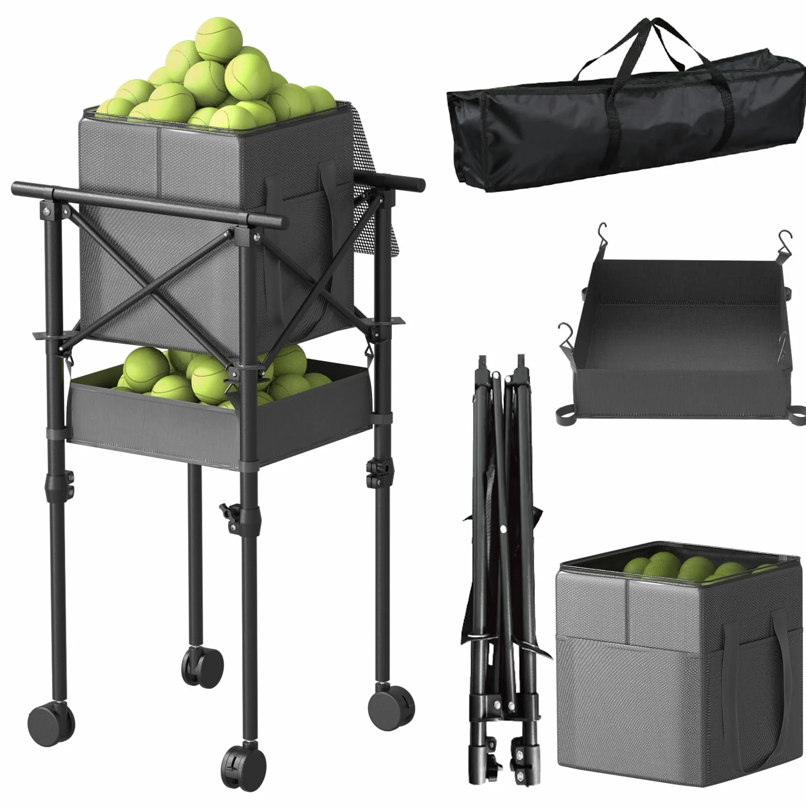 Panier à balles de tennis pliable avec roues, hauteur réglable, capacité 150 balles, sac de rangement