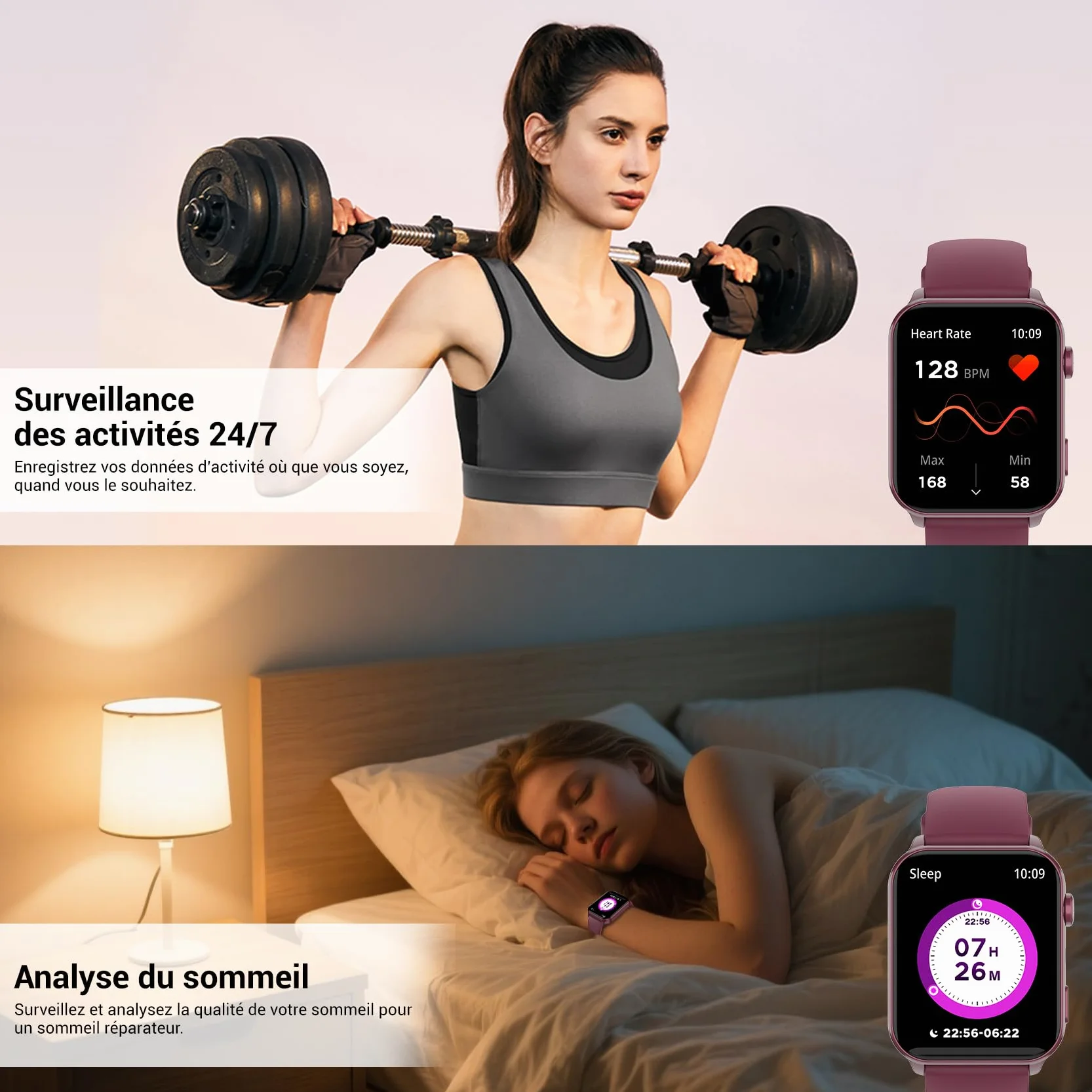 IOWODO Montre Connectée Femme, Appel Bluetooth, Écran 1.85" à LCD, Notifications Réseaux Sociaux, Cardiofréquence/Oxymètre/Analyse Sommeil, 100+ Modes Sports, pour Android& iOS(Violete)