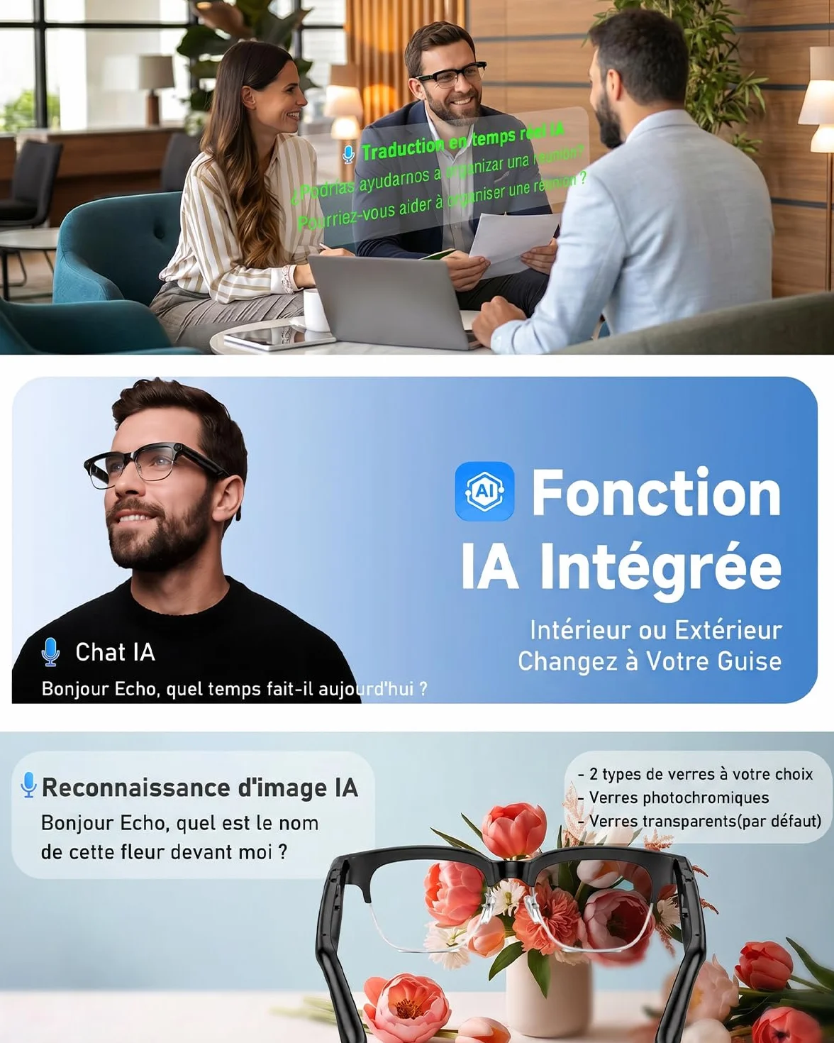 TOOBUR Lunettes connectées AI avec Appareil Photo 8MP, vidéo HD 1080P Anti-Flou, Traduction en Temps réel & Assistant Vocal, appels Bluetooth & Audio à Oreille Ouverte pour vlog, Voyage & réunions