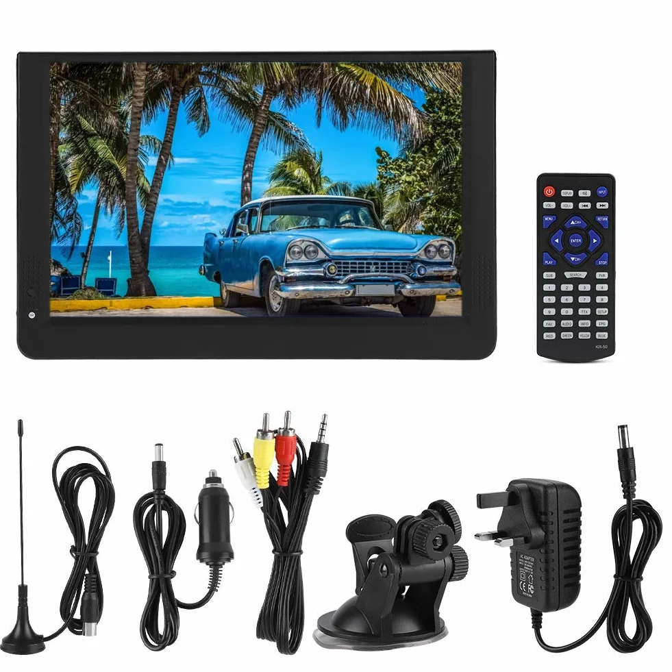 TV Portable 12 Pouces, Télévision Numérique T/T2 1080P 16: 9 avec 2 Haut-Parleurs pour Chambre à Coucher,Cuisine,Caravane,Voiture-Support Antenne/VGA/AV/Casque/HDMI/USB,Carte SD/MMC