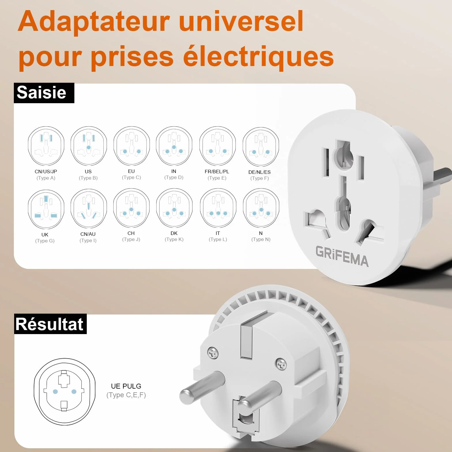 GRIFEMA Adaptateur de Voyage Universel Lot de 2, 4000W Haute Puissance Prises Type C E F France Europe