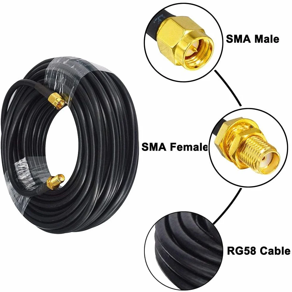 GTIWUNG Adaptateur SMA mâle - Femelle, RG58 Câble Coaxial 15m, Rallonge Antenne WLAN, Câble d'Extension pour Antenne Male/Femelle (50 Ohm)