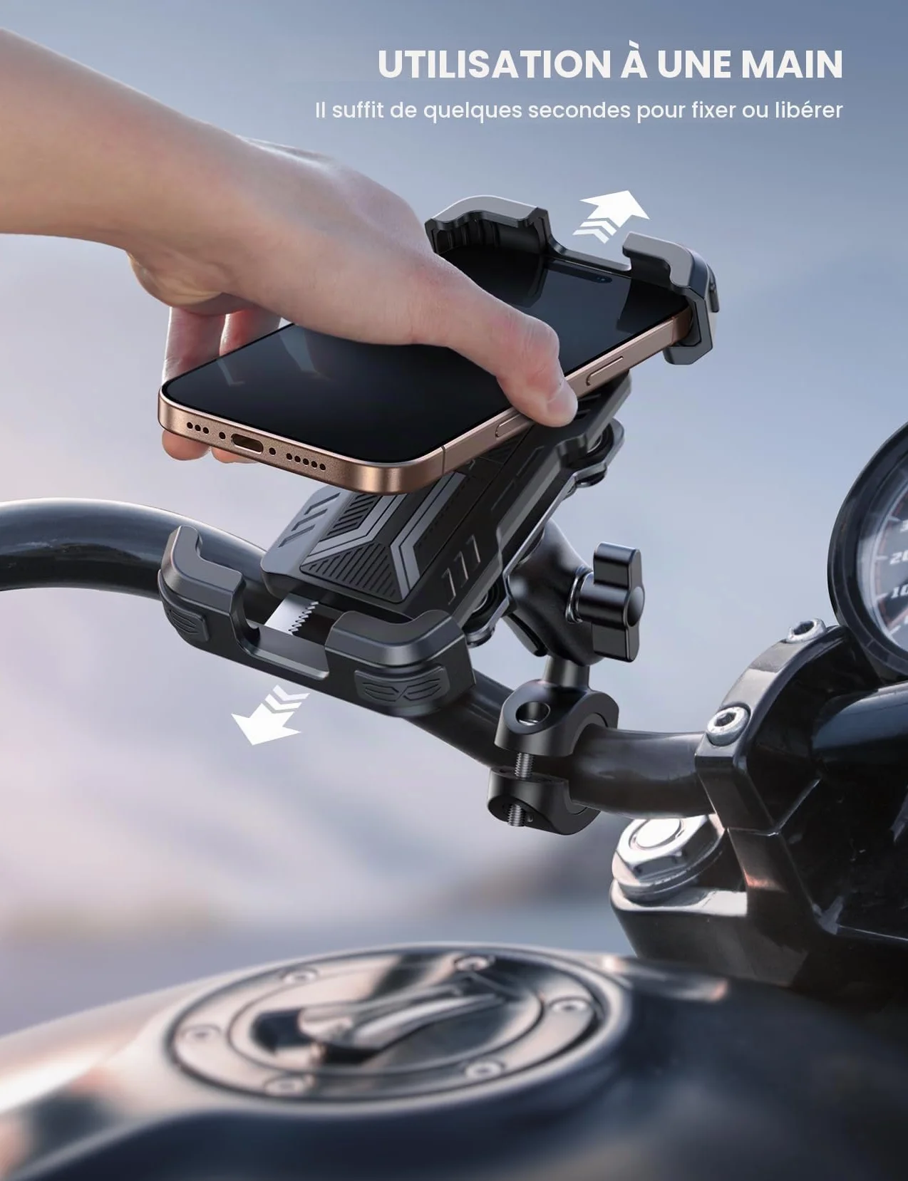 Lamicall Support Téléphone Moto Antivol Double Anti-Vibration Bras Extension Métal pour Guidon Vélo 360° Pivotant iPhone 16 15 14 4,7-6,7"