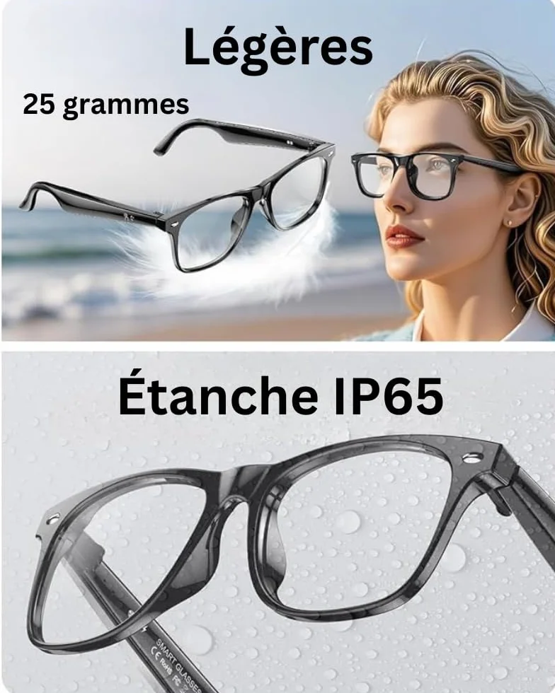 Lunettes Connectées IA, Bluetooth, Unisexe, Appels, Musique, Traduction Vocale 134 Langues, IP65 Étanche, 25g, Verres Noir