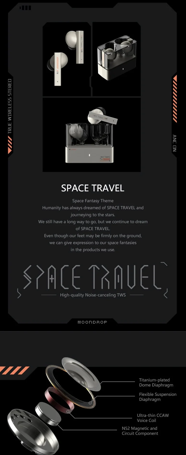 Moondrop Space Travel TWS Écouteurs Bluetooth 5.3 antibruit stéréo IEM sans fil Noir