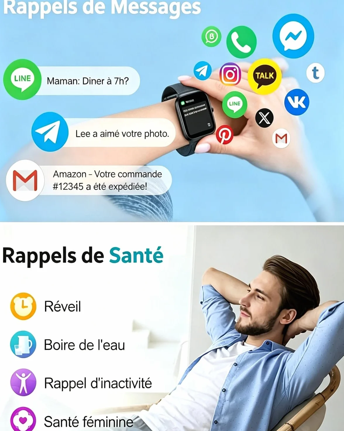 Popglory Montre Connectée pour Samsung Apple Android Phone, 1.85" Smartwatch Homme Femme avec Appel Bluetooth, Tensiomètre, Fréquence Cardiaque, SpO2, Stress, Sommeil, Podomètre, 100+ Sports, Cadeau
