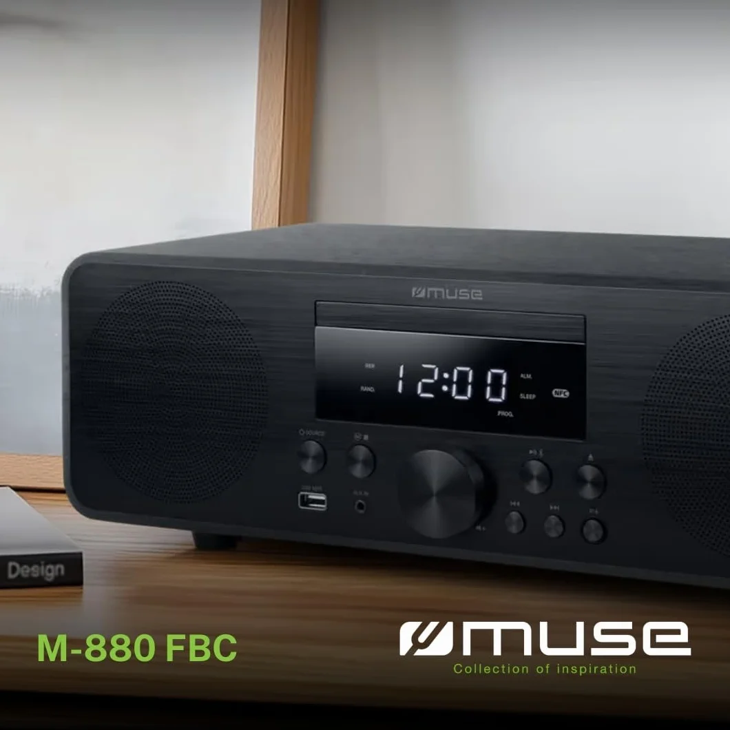 M-880 FBC Micro système Bluetooth avec CD, FM et USB | Chaîne stéréo 80 W au Design Bois avec NFC et Fonction réveil