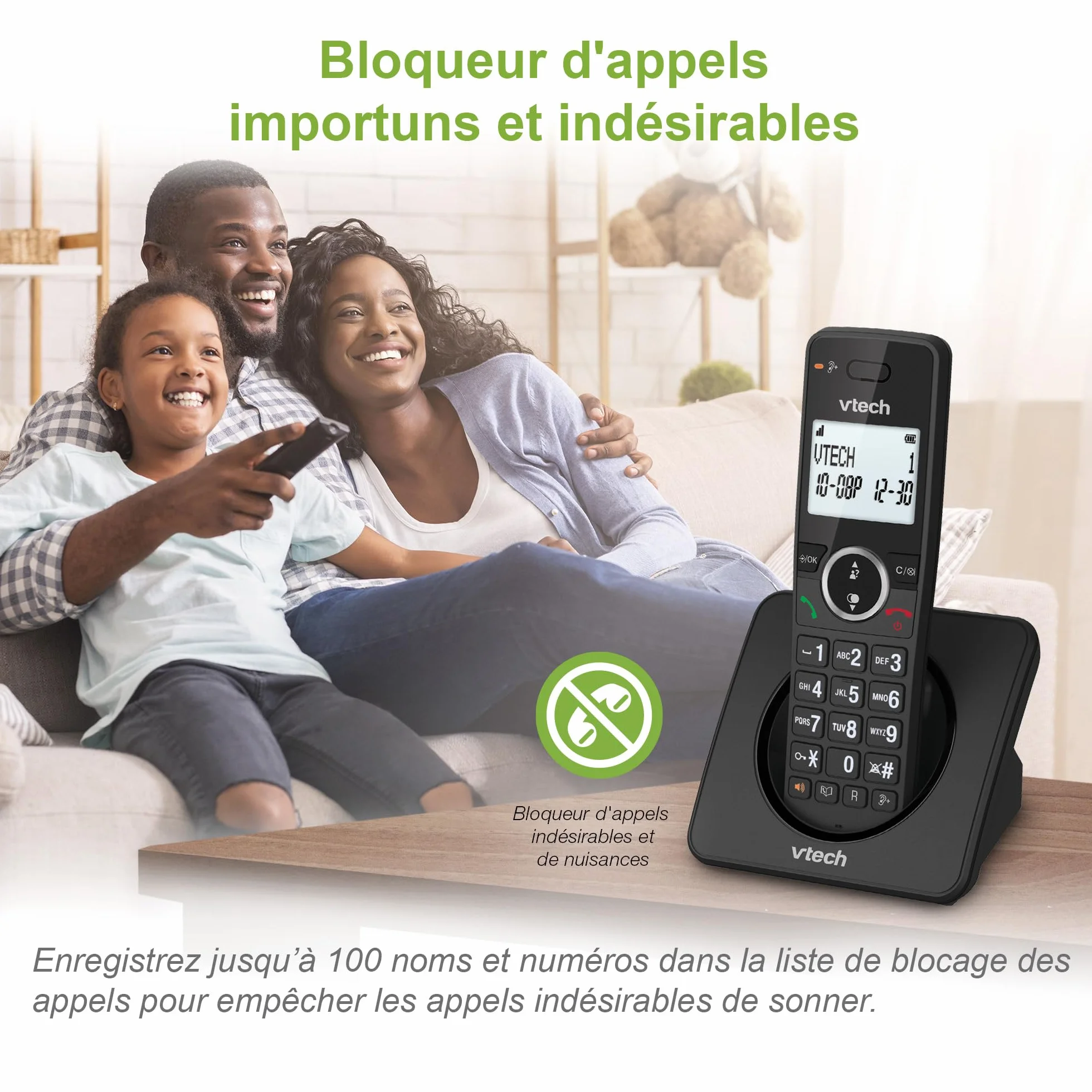 VTech ES2000 Téléphone sans Fil DECT avec Blocage d'appel, contrôle du Volume, Identification de l'appelant/Appel en Attente, 18 Heures d'autonomie, numérotation Rapide, Noir