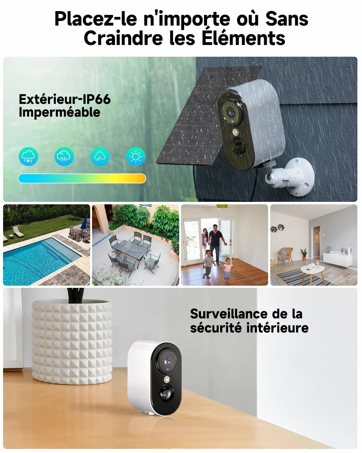 2K Caméra Surveillance WiFi Exterieure sans Fil Batterie - Camera Surveillance WiFi avec Panneau Solaire, Vision Nocturne Couleur, Extérieure/Intérieure, PIR Détection Mouvement, IP66, 2,4 GHz