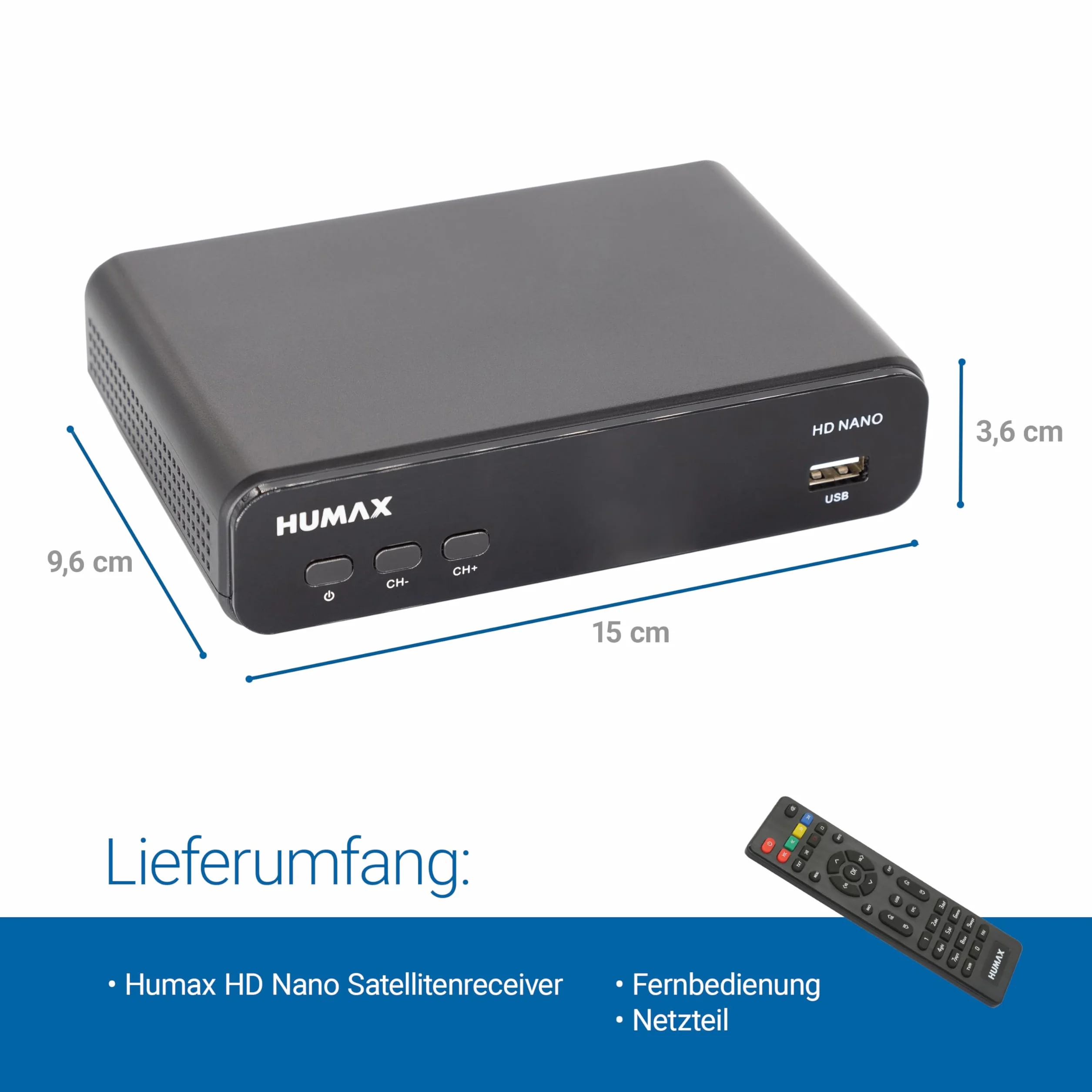 Humax Digital HD Nano Récepteur Satellite numérique HD 1080P HDTV avec Bloc d'alimentation 12 V Camping – Astra préinstallé – HDMI, péritel, DVB-S/S2, sans câble HDMI