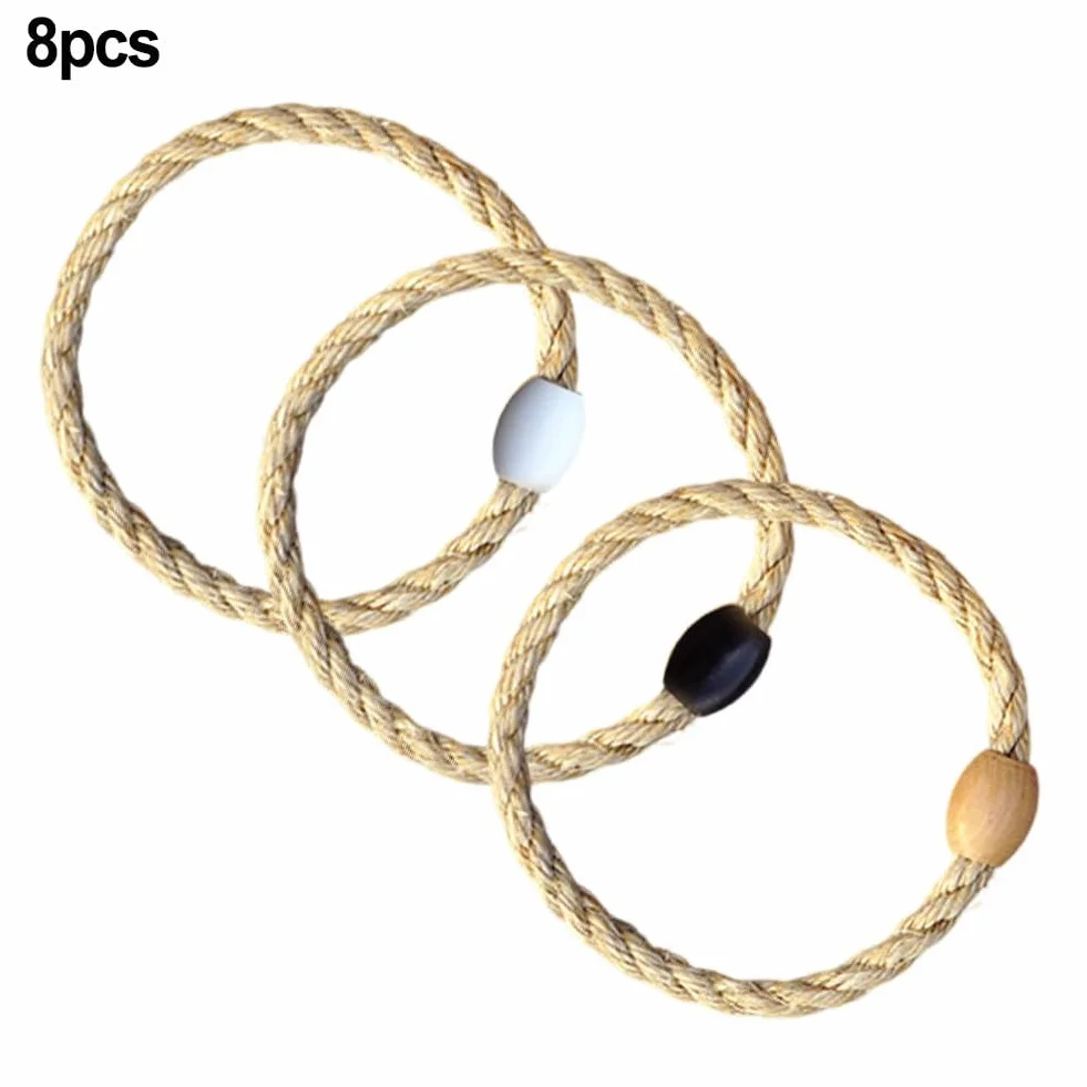 Corde de chanvre jeu lancer d'anneaux 8 anneaux fête plein air perles bois entraînement vitesse agilité noir blanc jaune