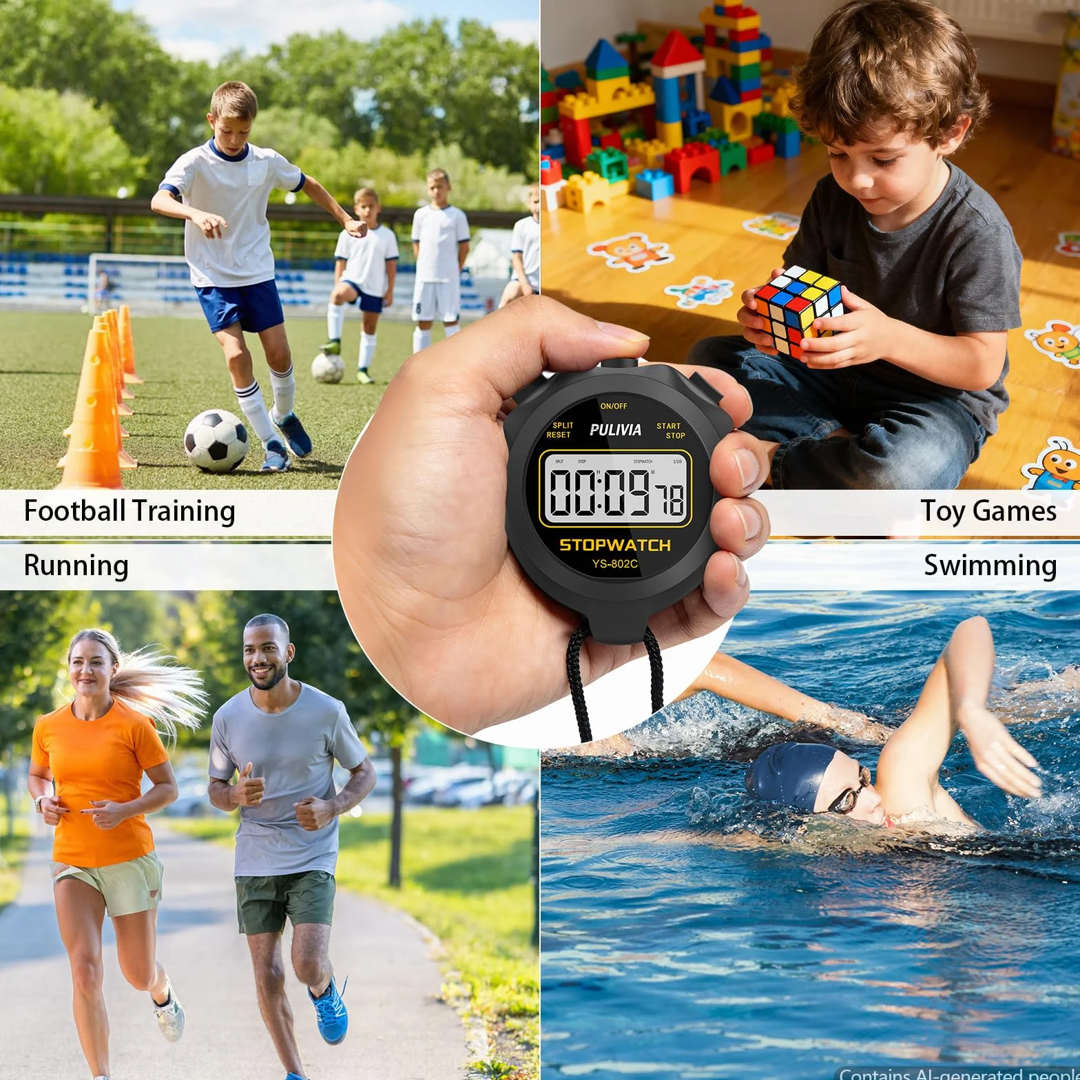 Chronometre Sport Numerique Noir avec Bouton Marche/Arret et Fonction Silencieux