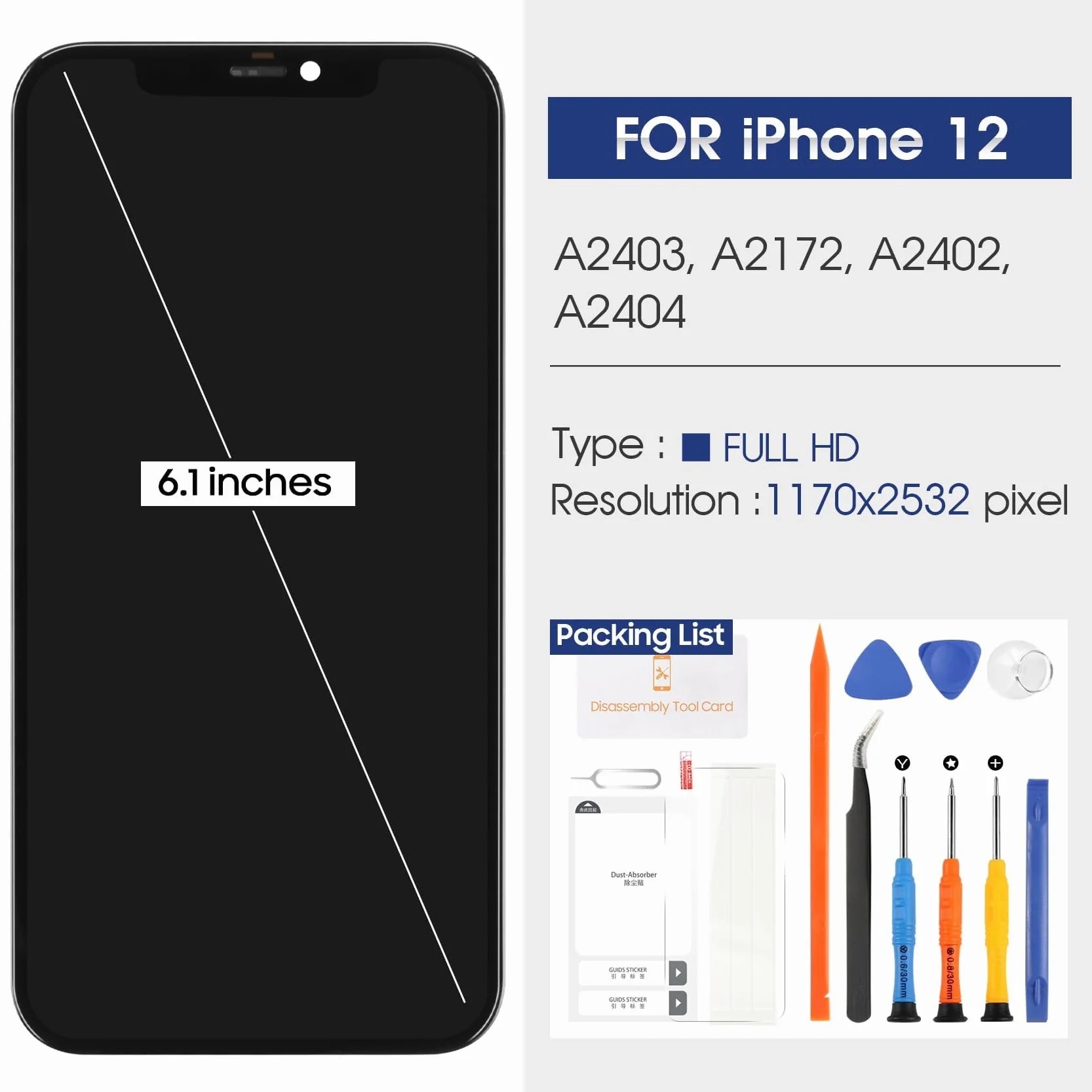 pour écran iPhone 12/12 Pro LCD - pour iPhone 12 Pro LCD Digitizer pour iPhone 12 A2403 A2172 A2402 A2407 A2341 A2406 A2408 Écran tactile en verre Assembly avec outils