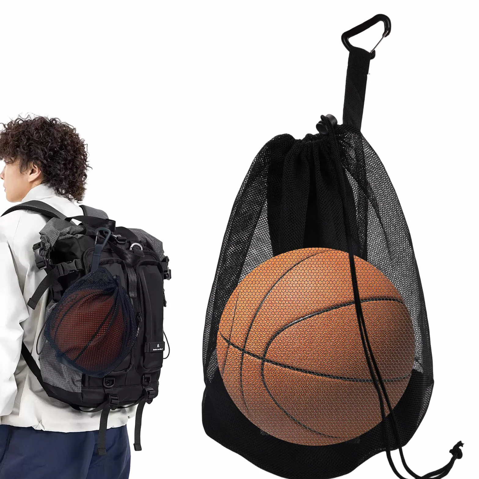 Sac à Ballon Filet avec Cordon de Serrage et Mousqueton Poche Zippée pour Basket-Ball Football Volleyball