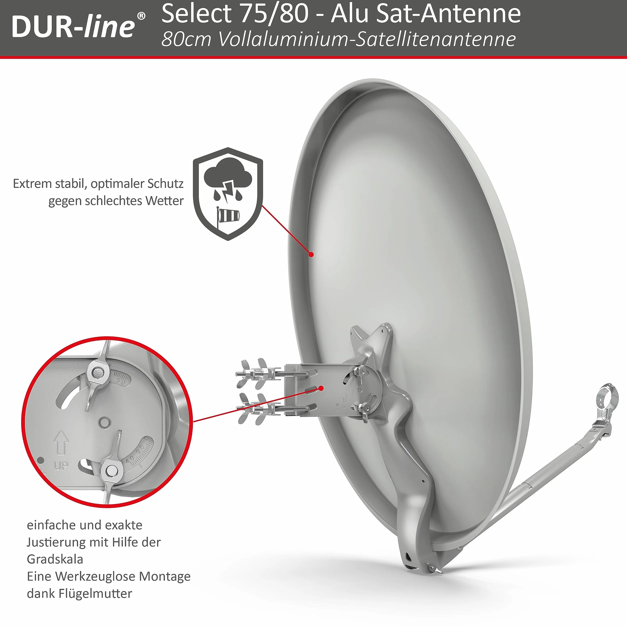 DUR-line sELECT 75/80 x 3 cm Antenne Parabolique Satellite Camping Car, Parabole Aluminium