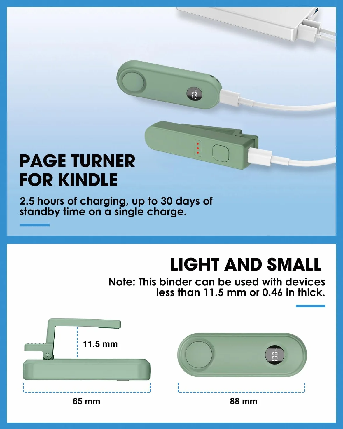 RF Télécommande Tourne Pages pour Kindle Paperwhite Scribe Oasis, iPhone, Tablettes Android, Vert Clair