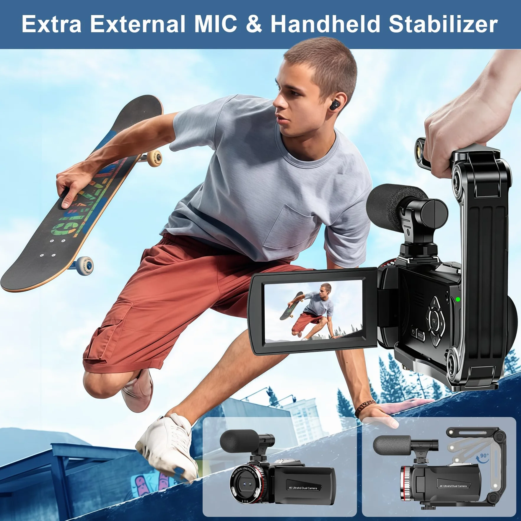 Caméra vidéo 4K 64MP 60FPS Caméscope numérique Vlogging avec stabilisateur, Microphone, Carte SD, 2 Piles, Télécommande