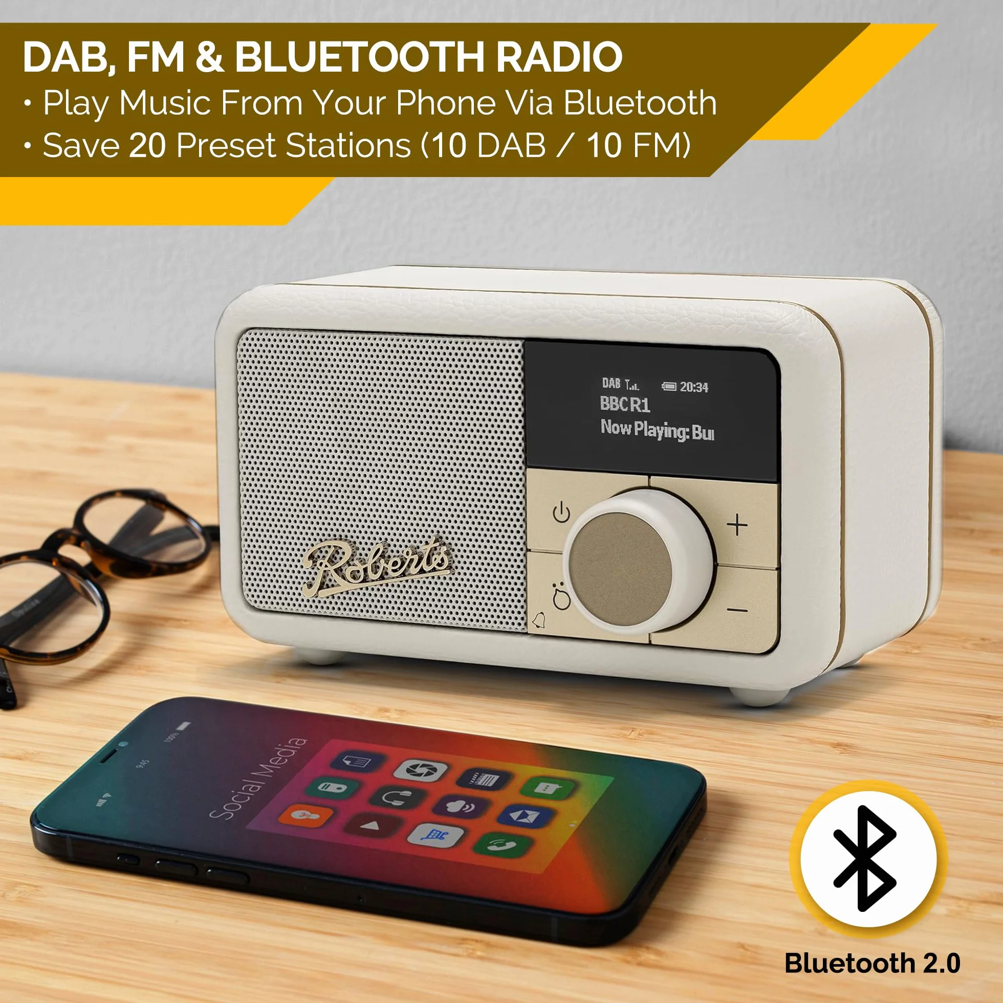Roberts Revival PETITE2 Radio numérique FM/Dab/Dab+ avec Bluetooth, crème Pastel