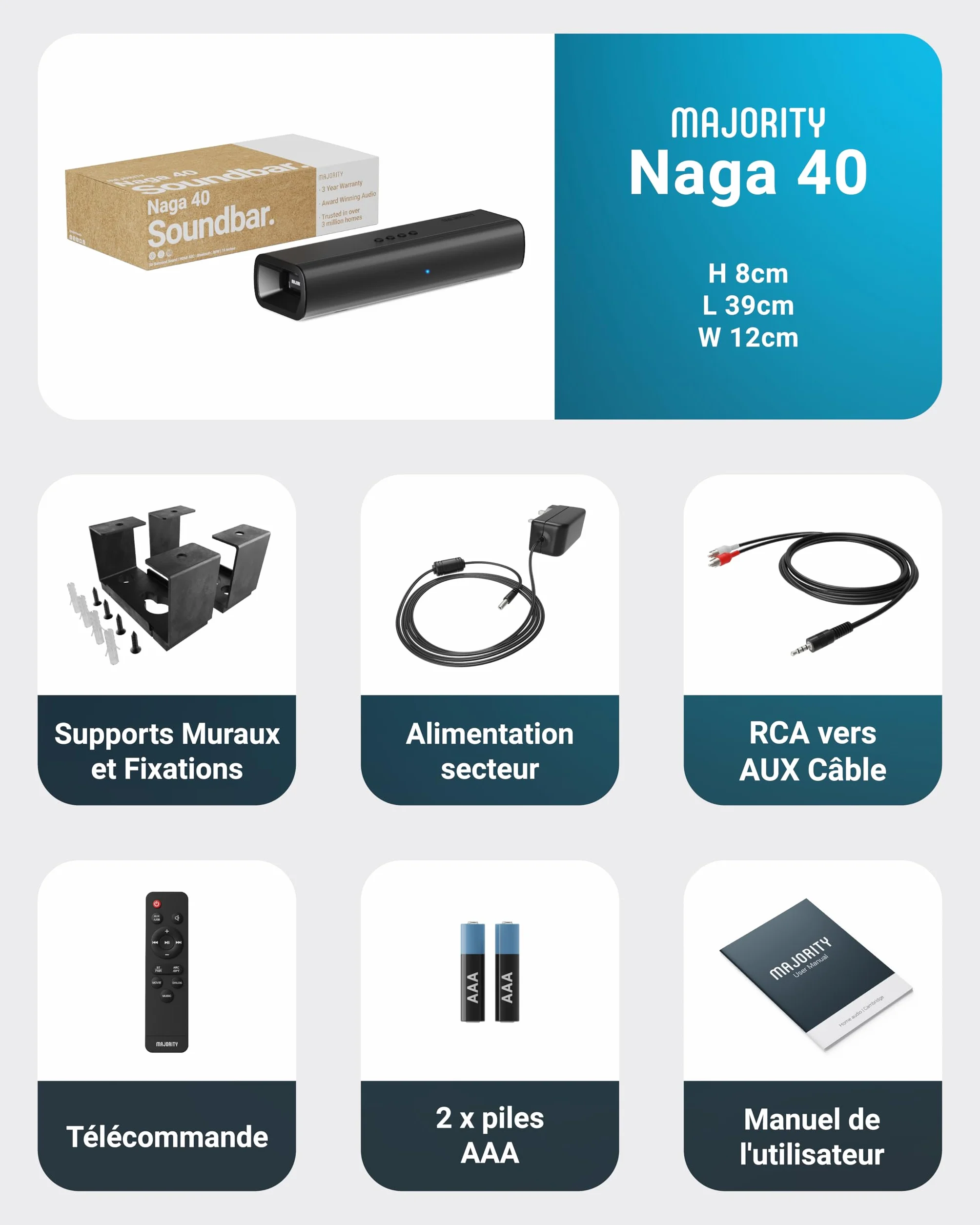 Majority Naga Barre de Son TV Bluetooth 80W 2.0 Enceinte Soundbar HDMI Arc AUX Optique