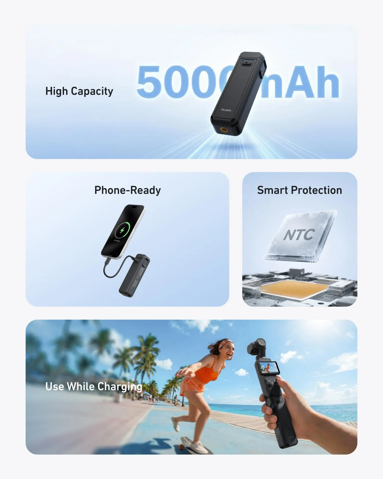 TELESIN Poignée Batterie pour DJI Osmo Pocket 4/3, Batterie 5000mAh Haute Capacité, Grip Powerbank 1.3X Autonomie Étendue, Support Trépied Vlogging, Accessoire Portable pour Voyage, Vlog