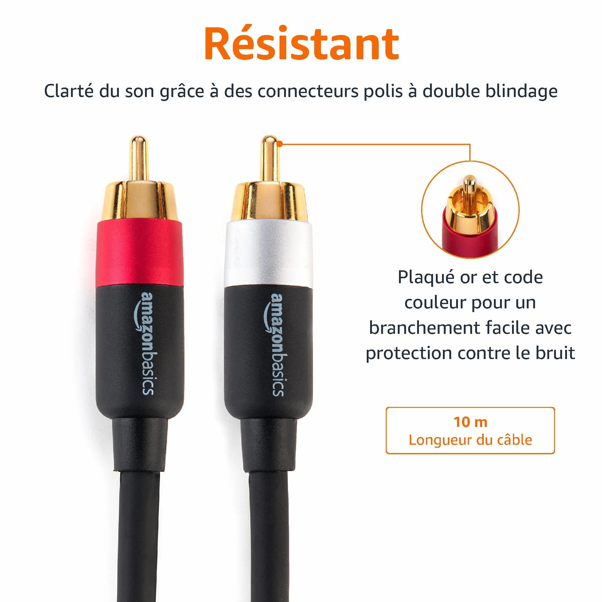 Amazon Basics Câble audio RCA 2 prises mâles vers 2 mâles, 10 m, noir
