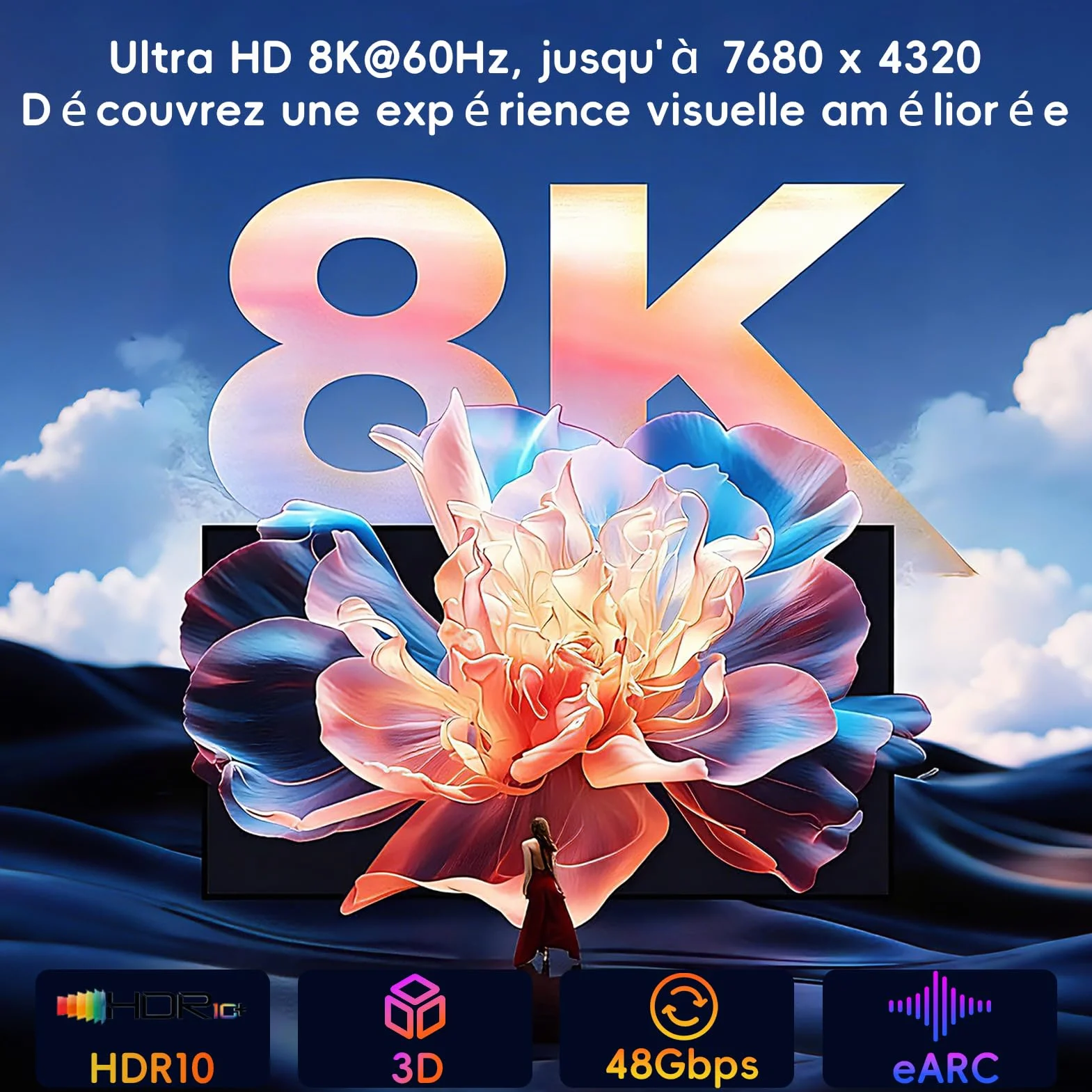 Câble HDMI 8K 1m HDMI 2.1 8K@60Hz 4K@120Hz 7680P Ultra Haute Vitesse HDR10 eARC HDCP2.2&2.3 Compatible PS5 X-Box HDTV