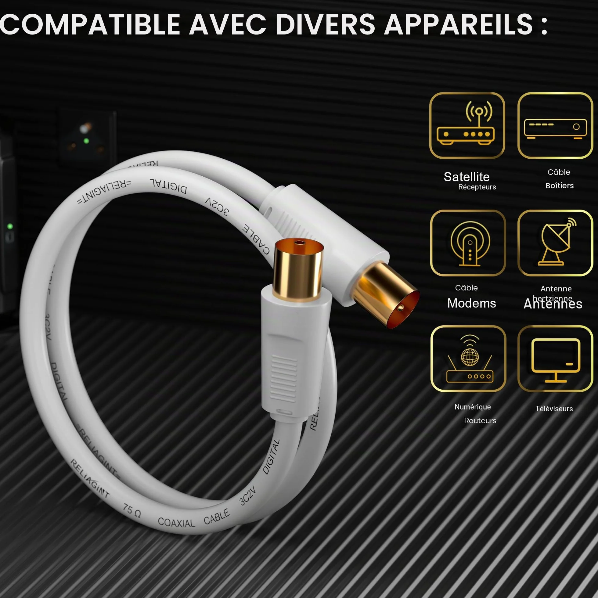 RL Flex Câble antenne TV coaxial 1m, rallonge mâle/femelle 75 Ohm, conducteur en cuivre pur, pour TNT, TV câble et satellite (DVB-T/T2/C/S/S2), Blanc
