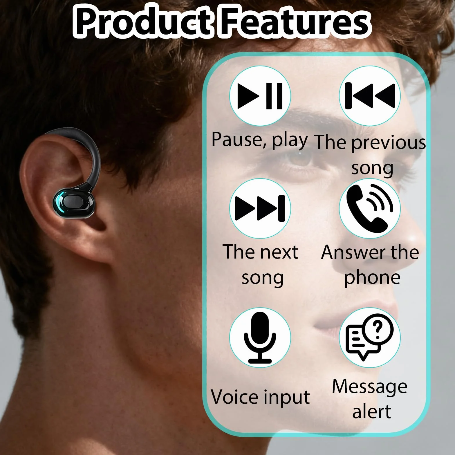 Oreillette Bluetooth sans Fil V5.2, Écouteur Mono Tour d'oreille 360° avec Micro Intégré, Main Libre Bluetooth 20h de Lecture pour iPhone Android PC Bureau Conduite Affaires Sport