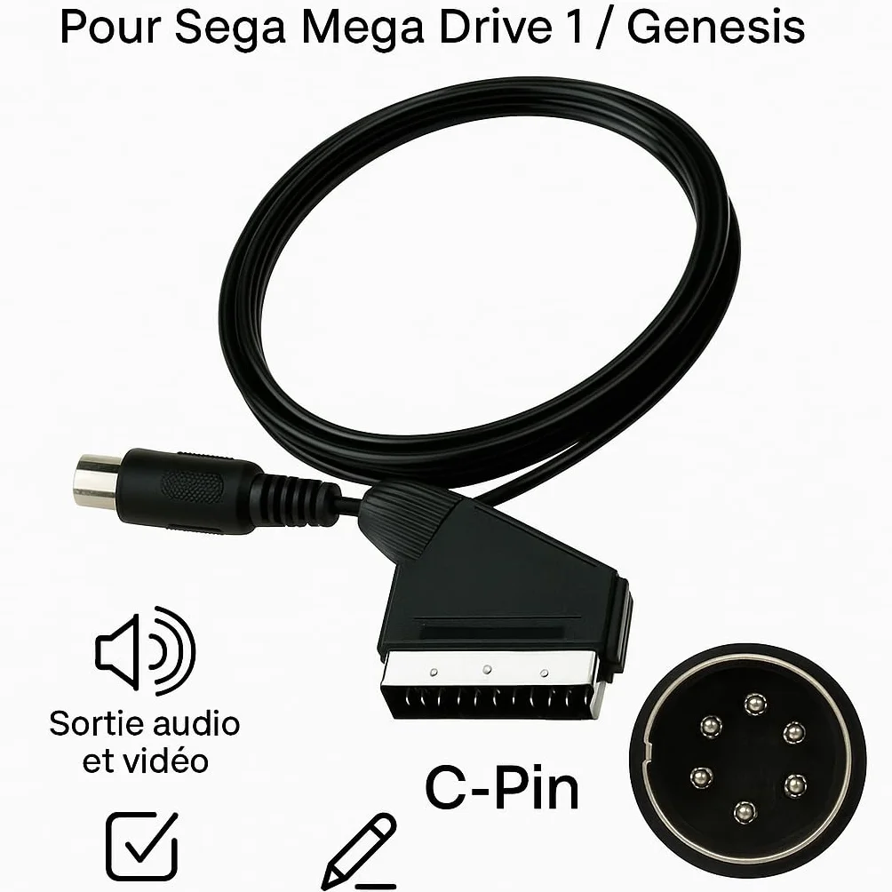 Câble Péritel AV RGB SCART pour Sega Megadrive 1 version C-Pin – Compatible Genesis JAP/US – Haute Qualité Audio/Vidéo – 1,8 m