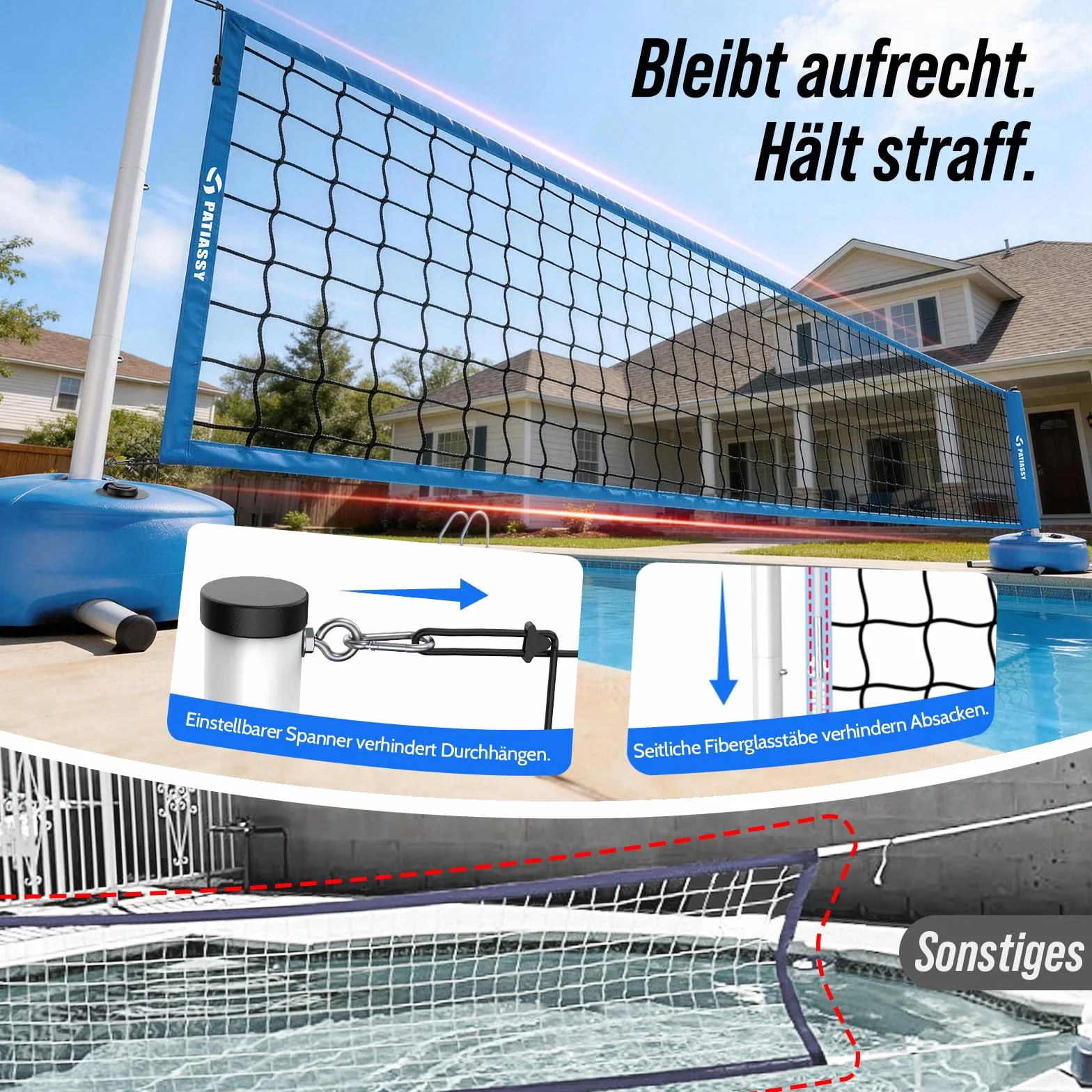 Kit de volley-ball de piscine portable réglable 4,5-7,6 m avec barres solides sac à eau 27 L jeu de volleyball