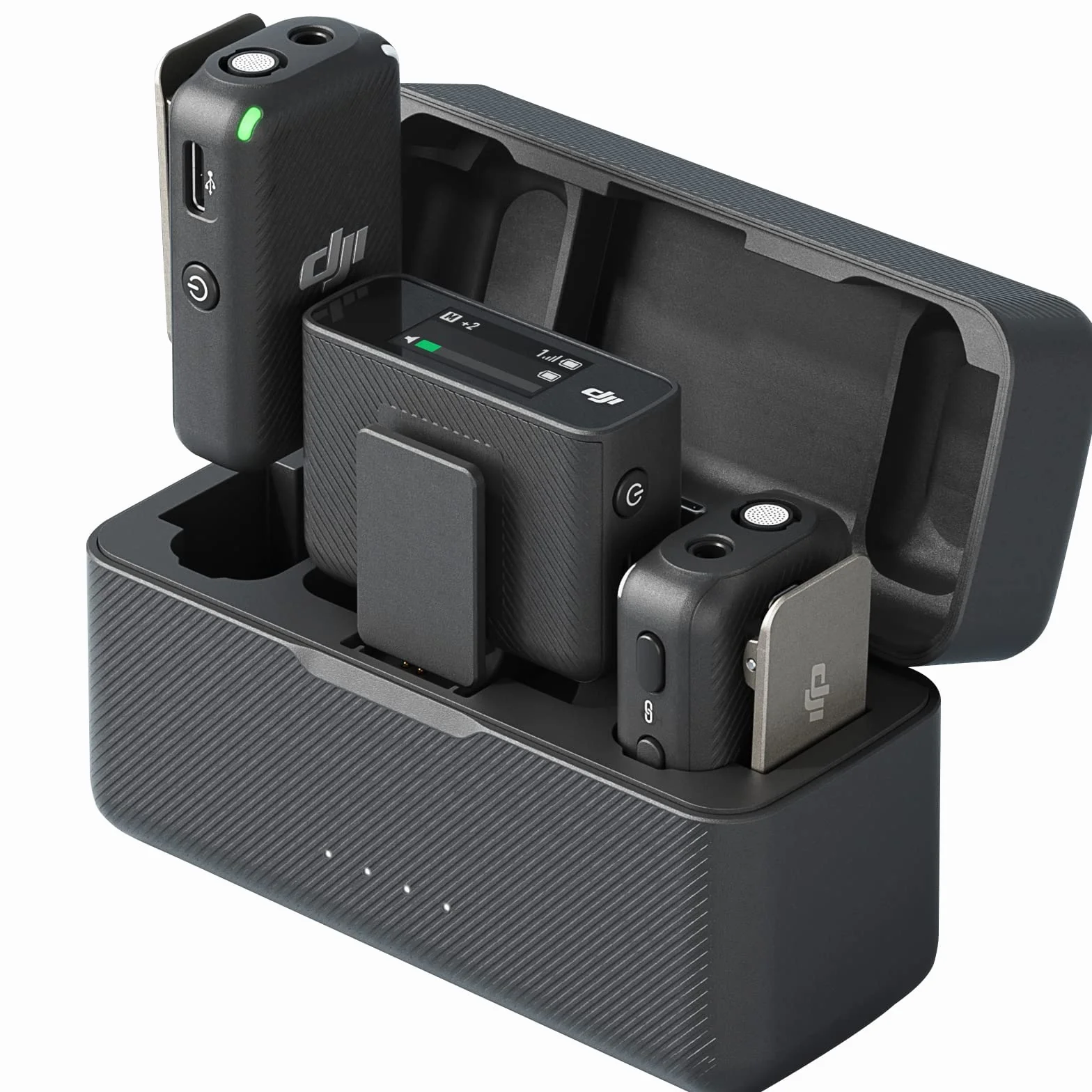 DJI Mic (2 TX + 1 RX + Boîtier recharge) - Compact et Portable micros Lavalier sans Fil à Enregistrement à Double Canal, Transmission à 250 mètres, 15 heures, Système pour Smartphones, caméras