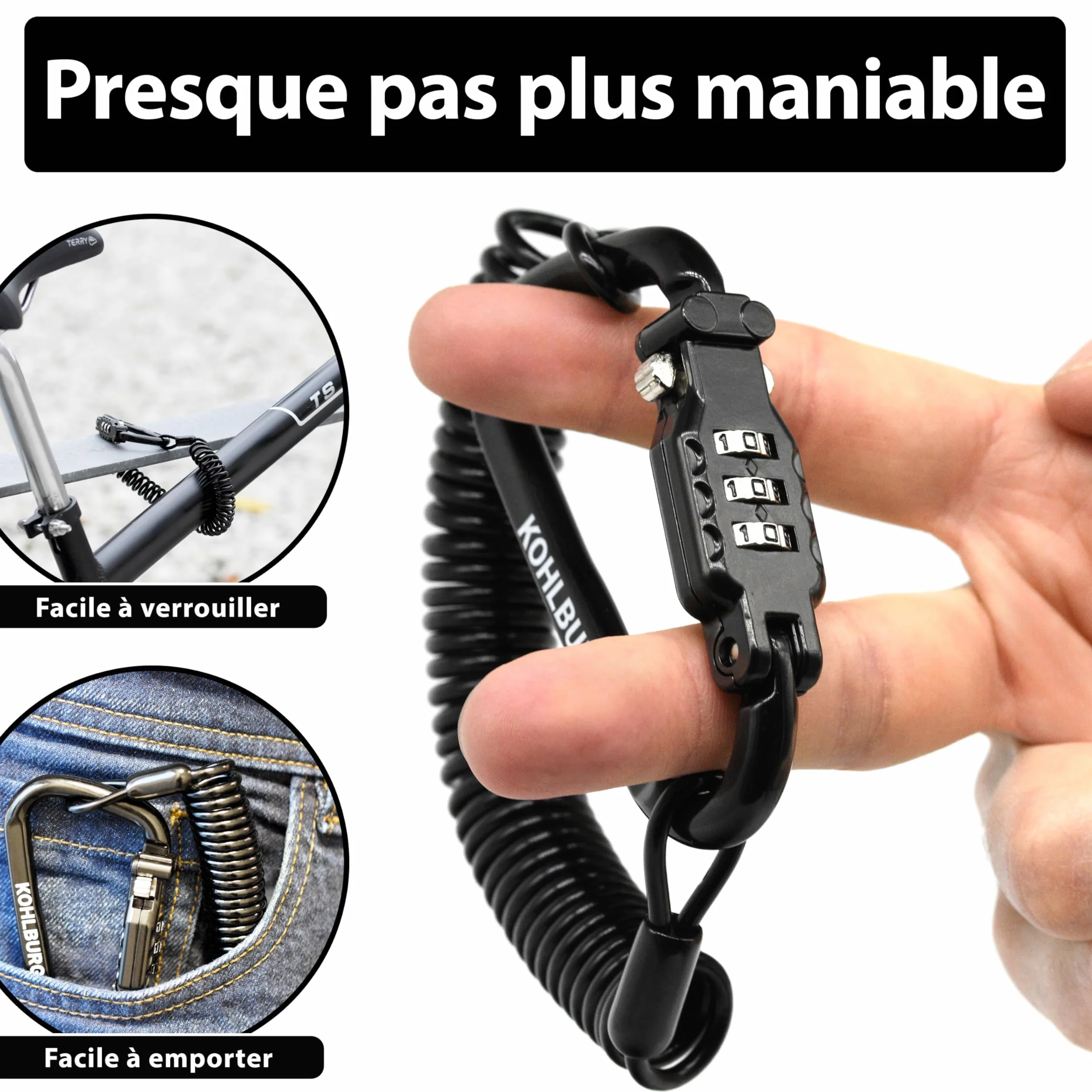 KOHLBURG Cable antivol 180 cm flexible solide cadenas code 3 mm pour poussette casque snowboard ski vélo