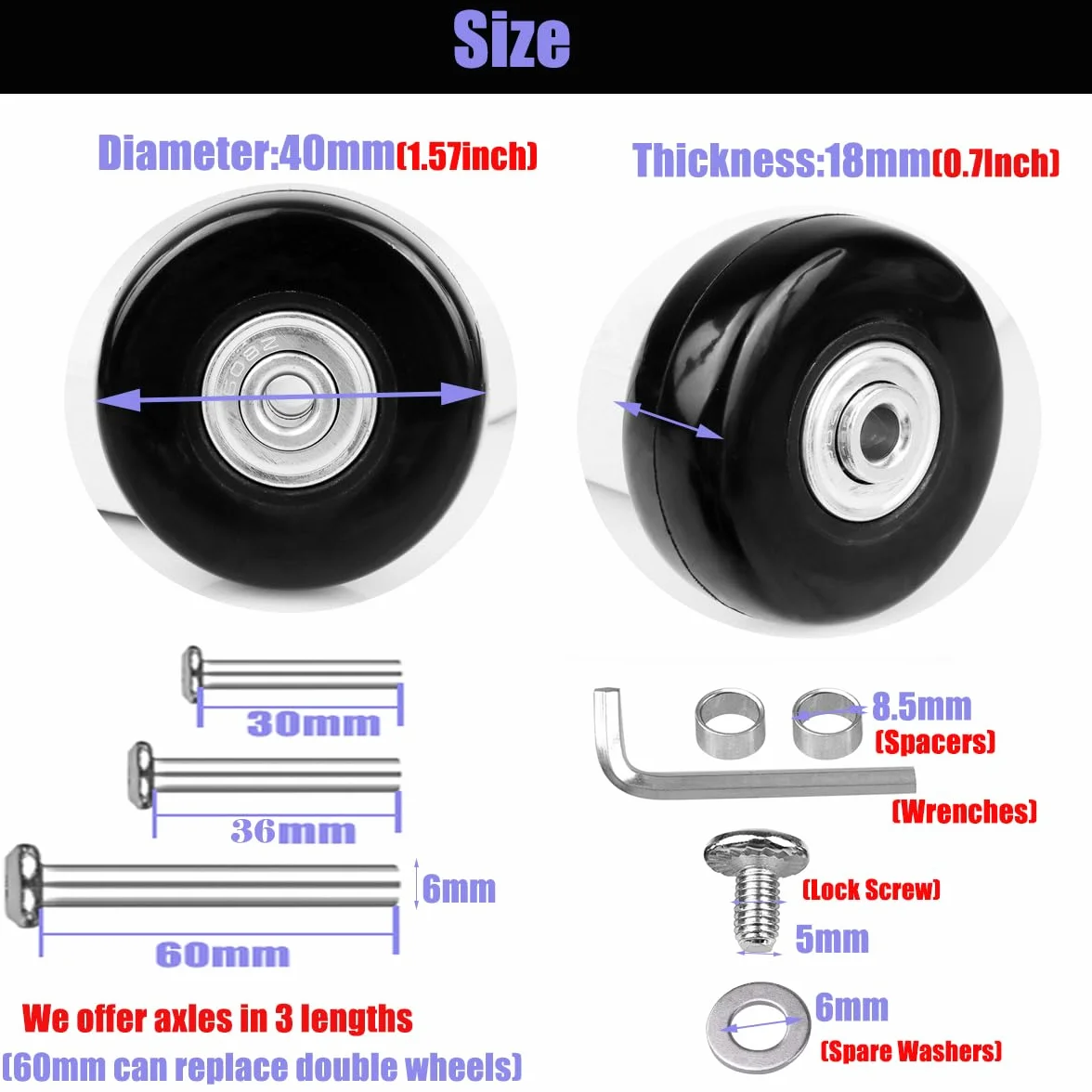 Roues de rechange pour valise 40 mm x 18 mm roulettes pivotantes en caoutchouc 608zz lot de 4