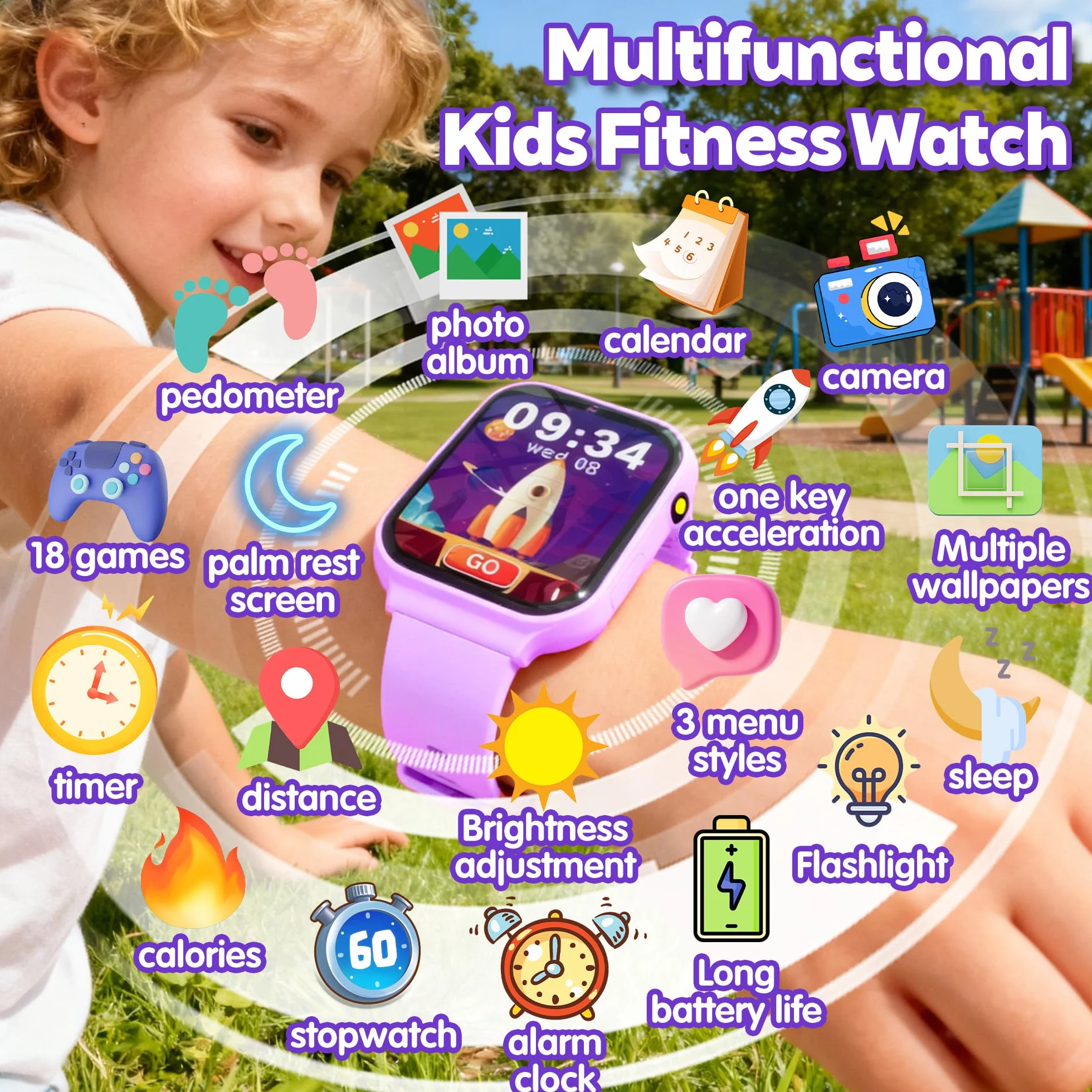 Montre Connectée Enfant avec 18 Jeux Éducatifs, Fonction Sommeil et Caméra - Ecran Tactile 1.83 Pouces, Tracker d'Activité avec Podomètre, Réveil, Lampe Torche pour Filles et Garçons
