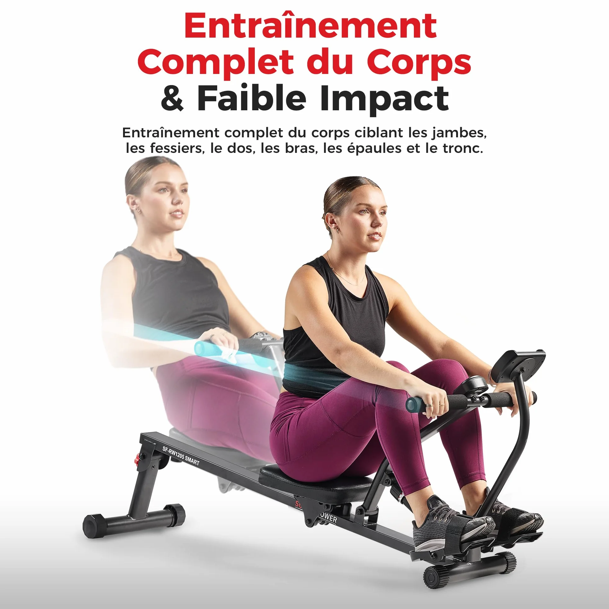 Sunny Health & Fitness Rameur de Fitness Compact 12 Niveaux de Résistance Réglable avec Connexion SunnyFit APP