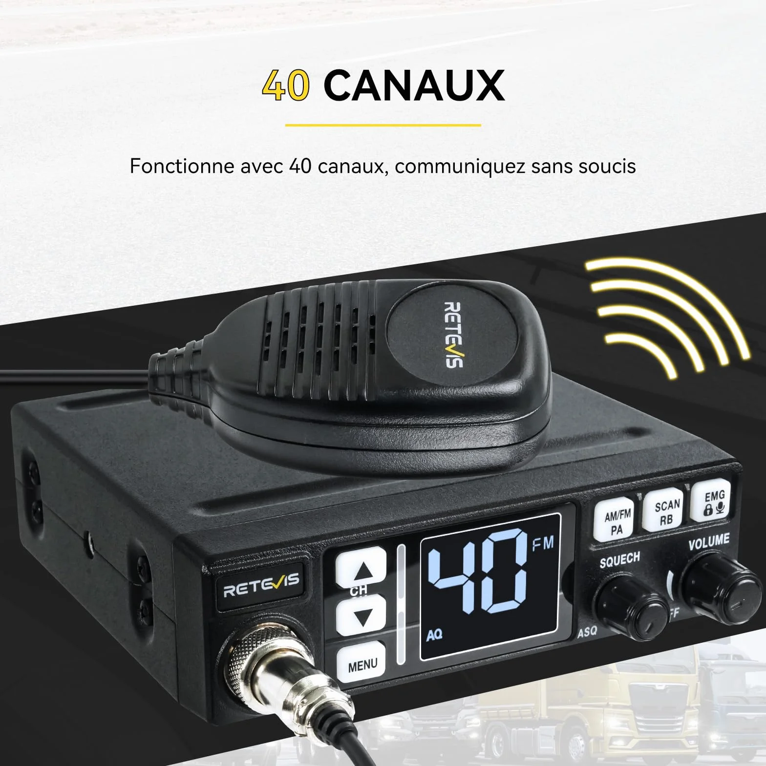 Retevis MB63 Radio CB Mobile Kit Complet avec Antenne AM/FM/PA Écran LCD VOX SQ/ASQ EMG CH9/19 Noir