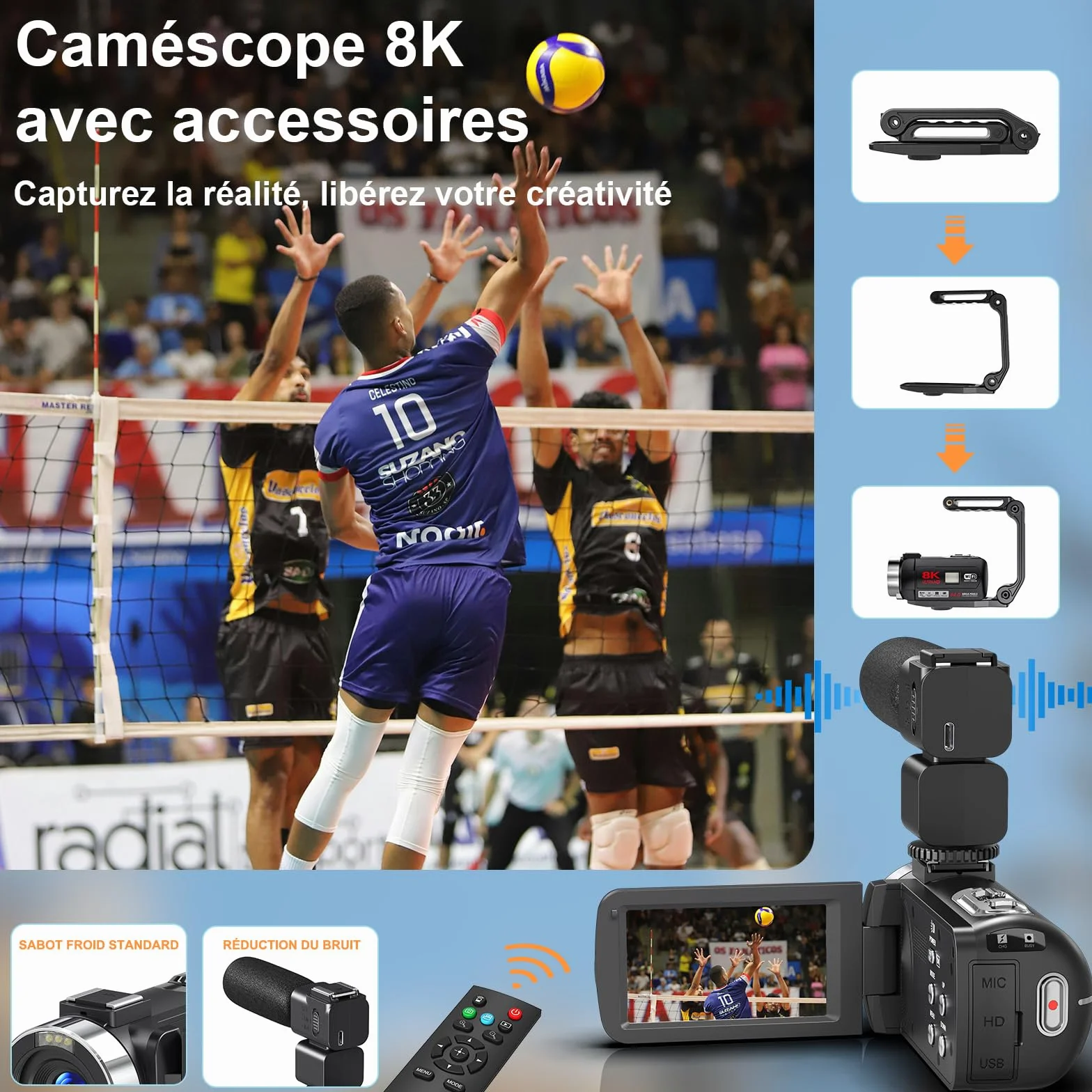 Caméscope Vidéo 8K 64MP Vlogging WiFi Vision Nocturne IR Écran Tactile 3" Zoom Numérique 18X avec Mic et Télécommande