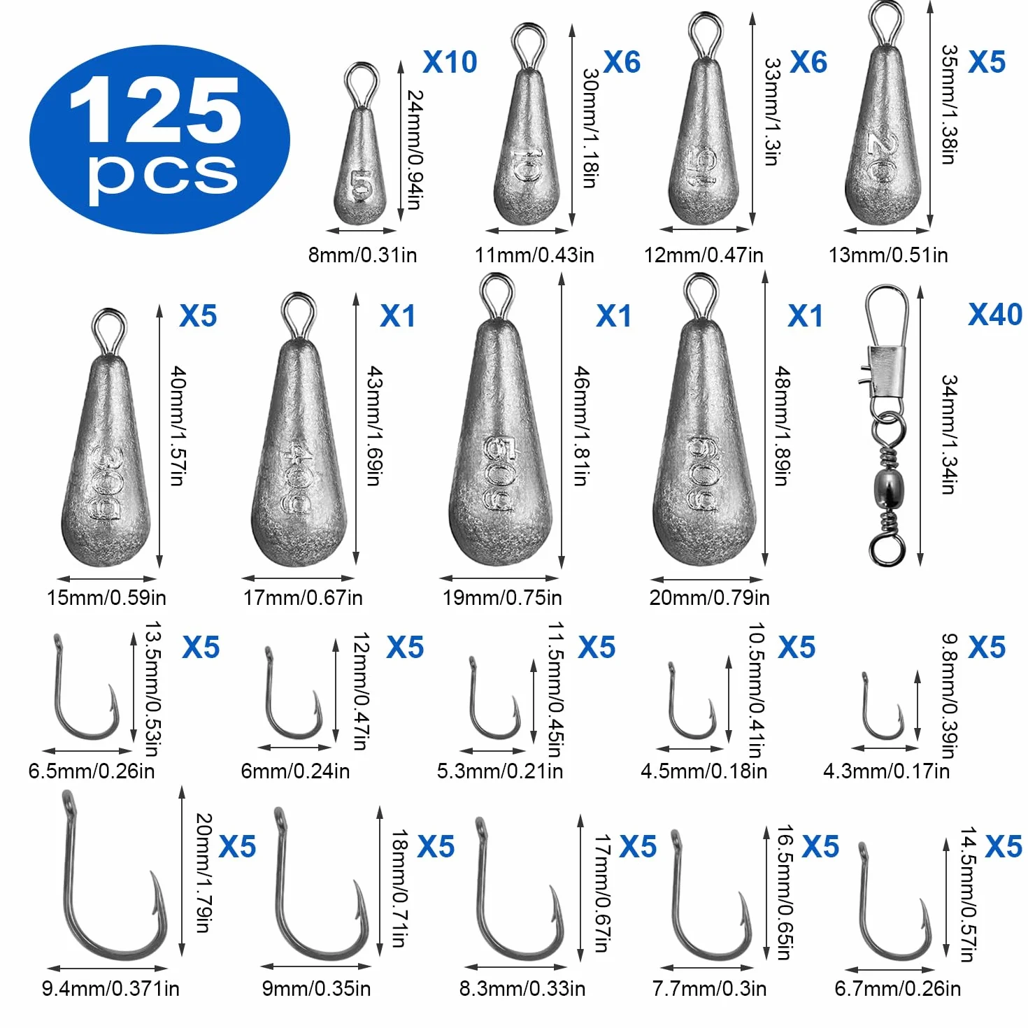 Set de Pêche 125 Pièces Plomb Emerillon Hameçon Truite Carpe Mer Accessoires