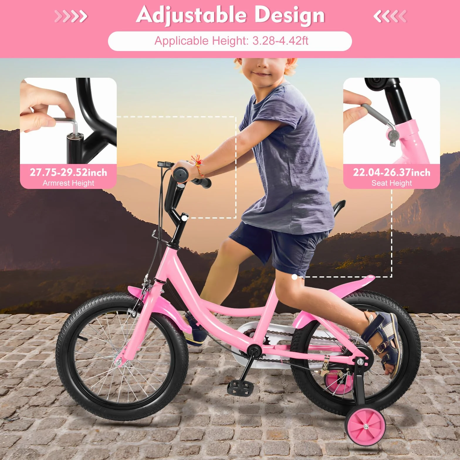 Vélo pour enfant 16 pouces roues stabilisatrices freins doubles - Vélo léger fille garçon - Rose