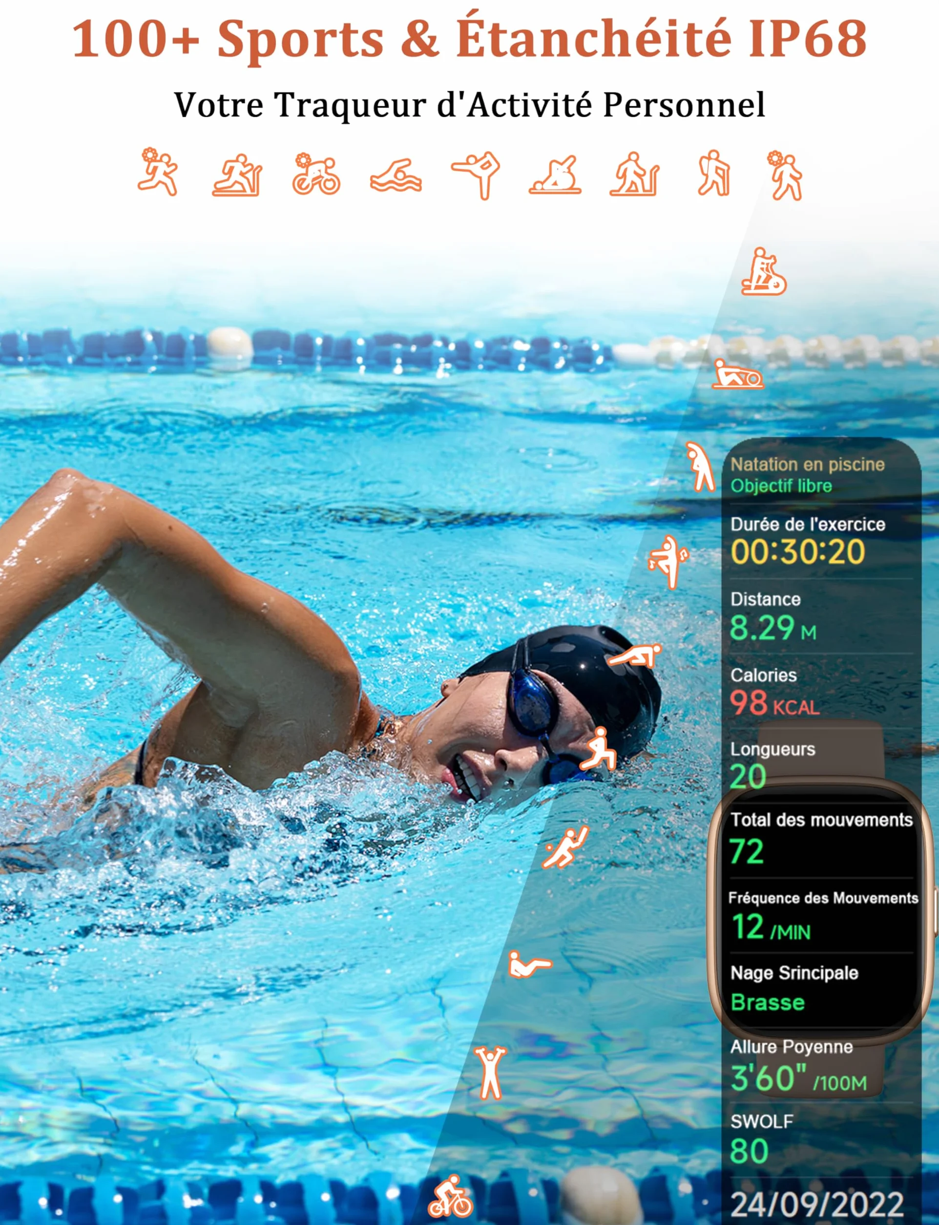 LODIMEKE Montre Connectée pour Samsung Apple Xiaomi, Appel Bluetooth, Montre Étanche Natation IP68, 1,83" Smartwatch Femme Homme, 100+ Sports, Fréquence Cardiaque, Pression, Sommeil, Fitness Tracker