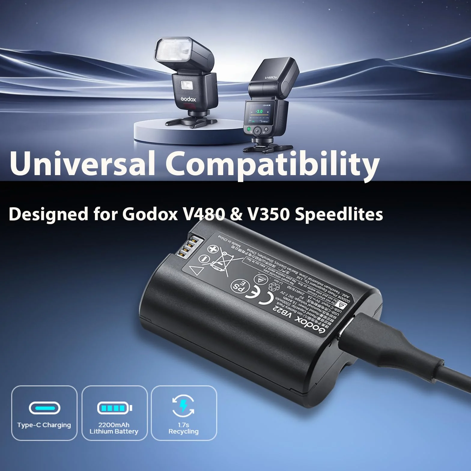 Godox Batterie de rechange VB22 pour V480, 7,2 V 2200 mAh Li-ion pour GODOX V480C / V480S / V480N / V480O / V480F et V350C / V350S / V350N / V350O / V350F Flash d'appareil photo Charge rapide USB-C